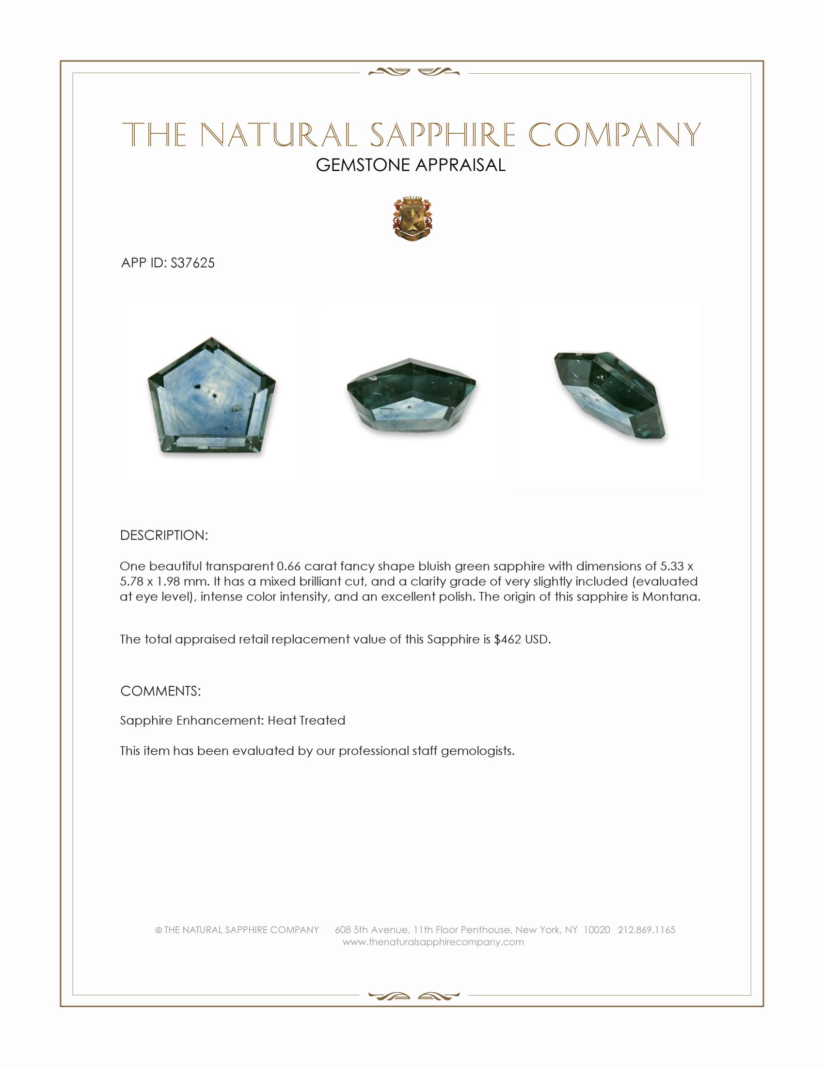 0.66 Ct. Bluish Green Sapphire from Montana