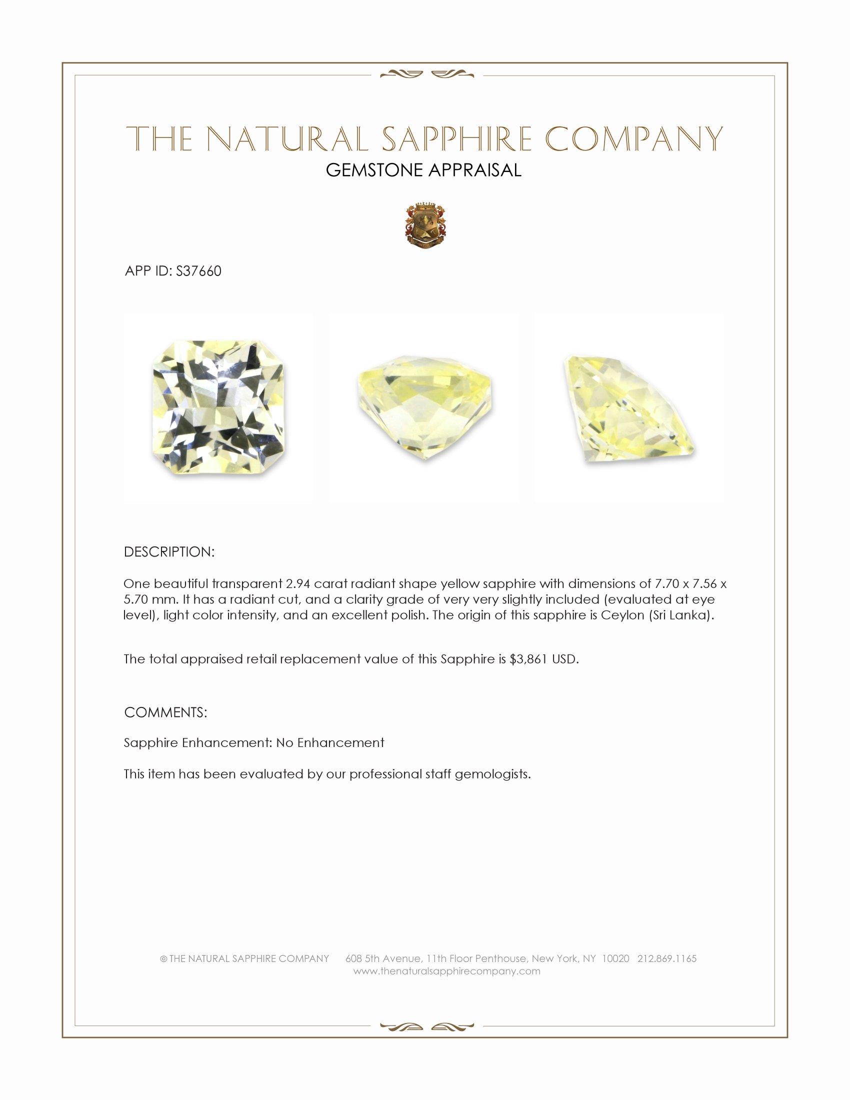 2.94 Ct. Yellow Sapphire from Ceylon (Sri Lanka)