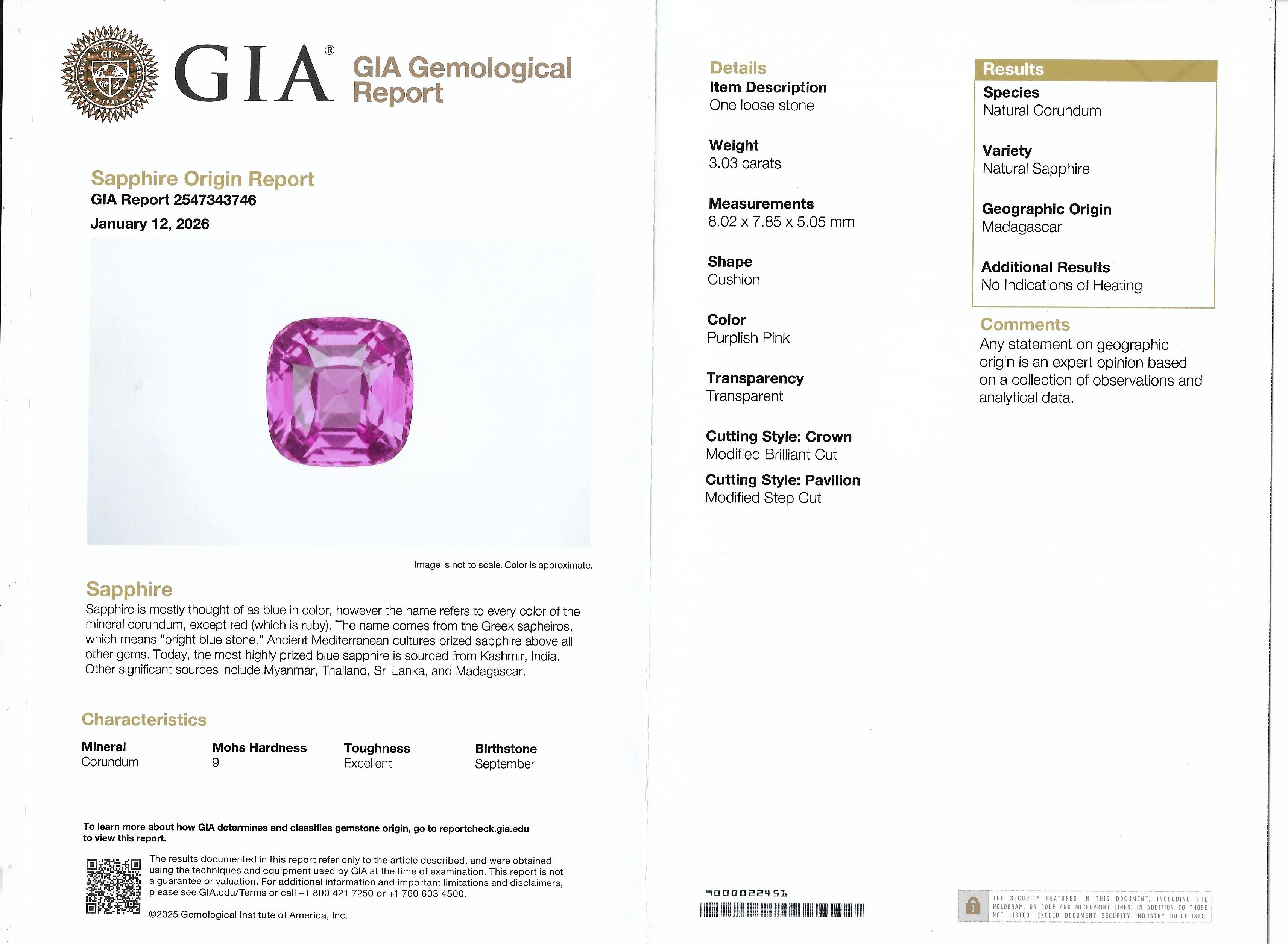 3.03 Ct. Purplish Pink Sapphire from Madagascar