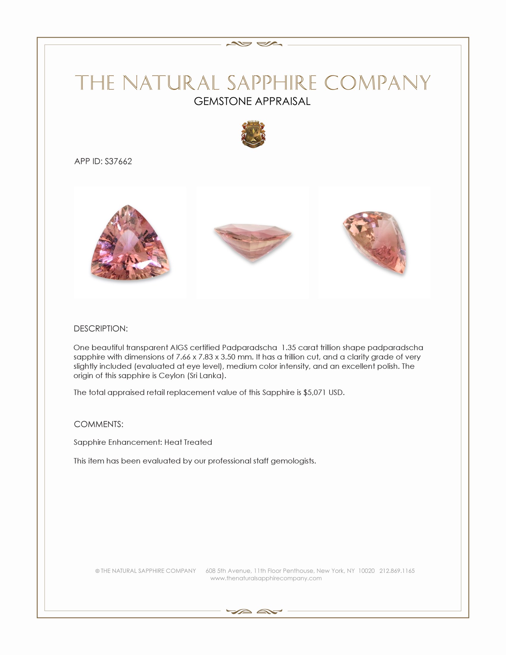 1.35 Ct. Padparadscha Sapphire from Ceylon (Sri Lanka)