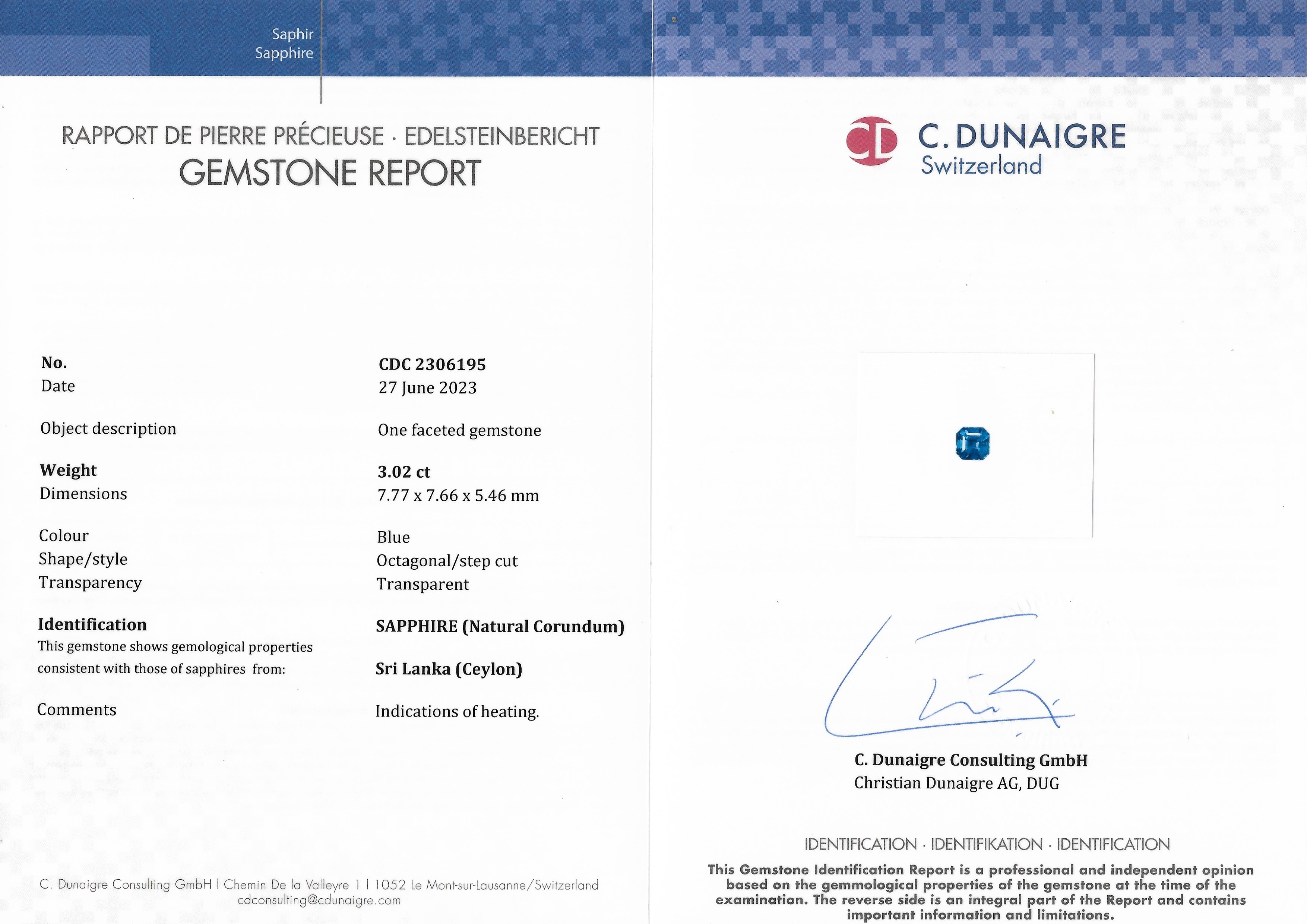 3.02 Ct. Blue Sapphire from Ceylon (Sri Lanka)