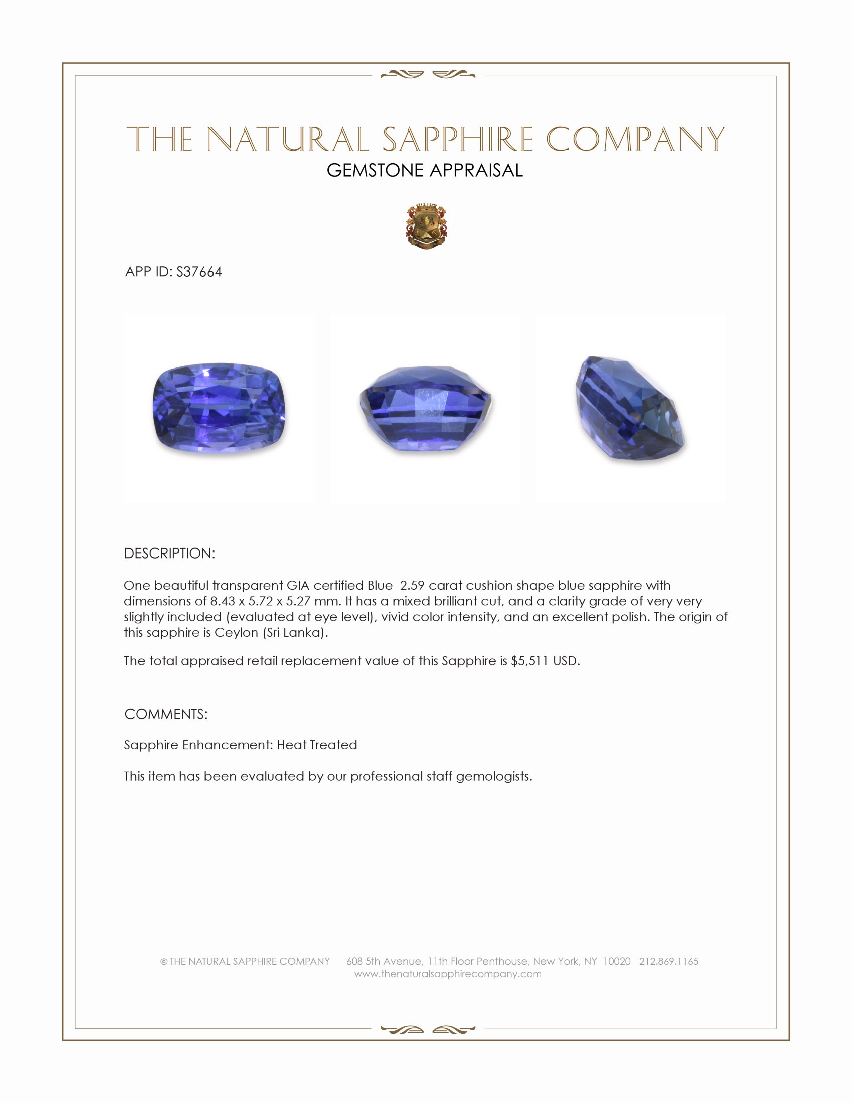 2.59 Ct. Blue Sapphire from Ceylon (Sri Lanka)