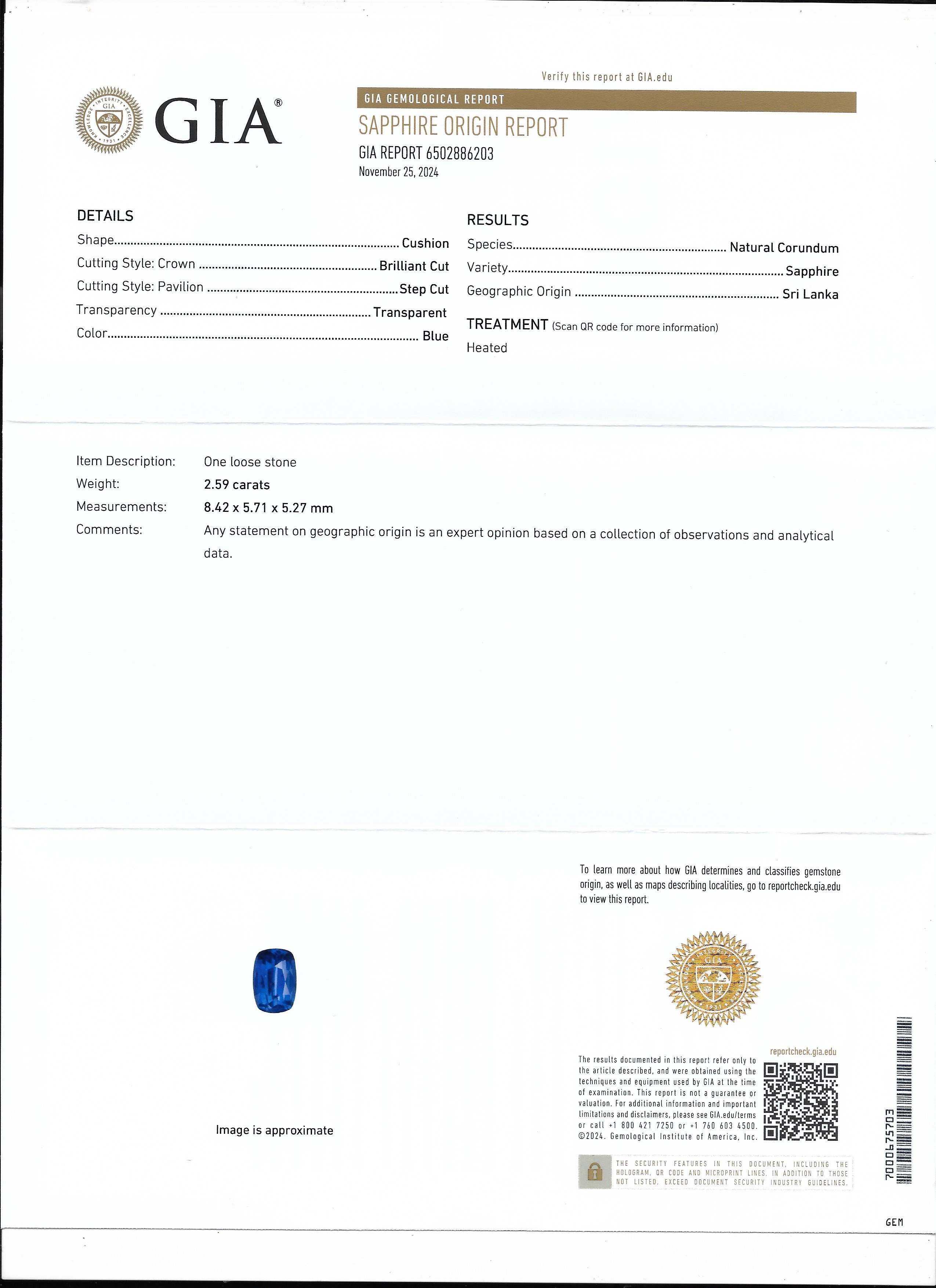 2.59 Ct. Blue Sapphire from Ceylon (Sri Lanka)