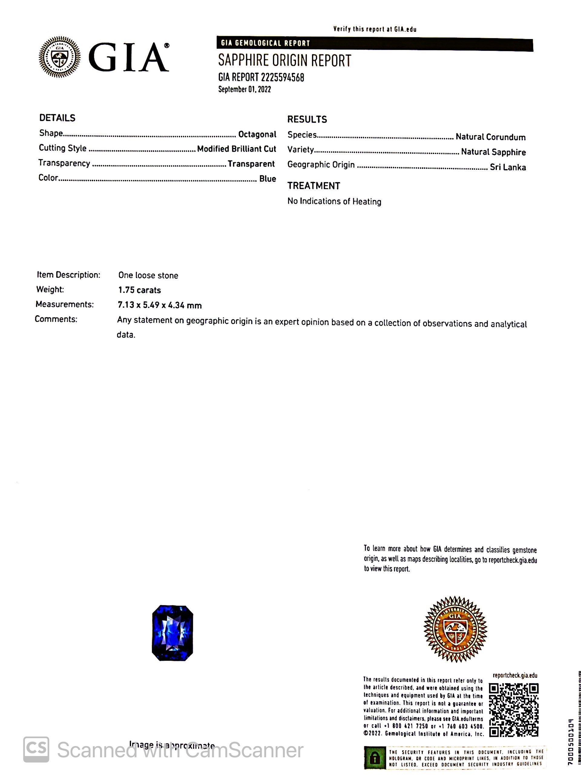 1.75 Ct. Blue Sapphire from Ceylon (Sri Lanka)