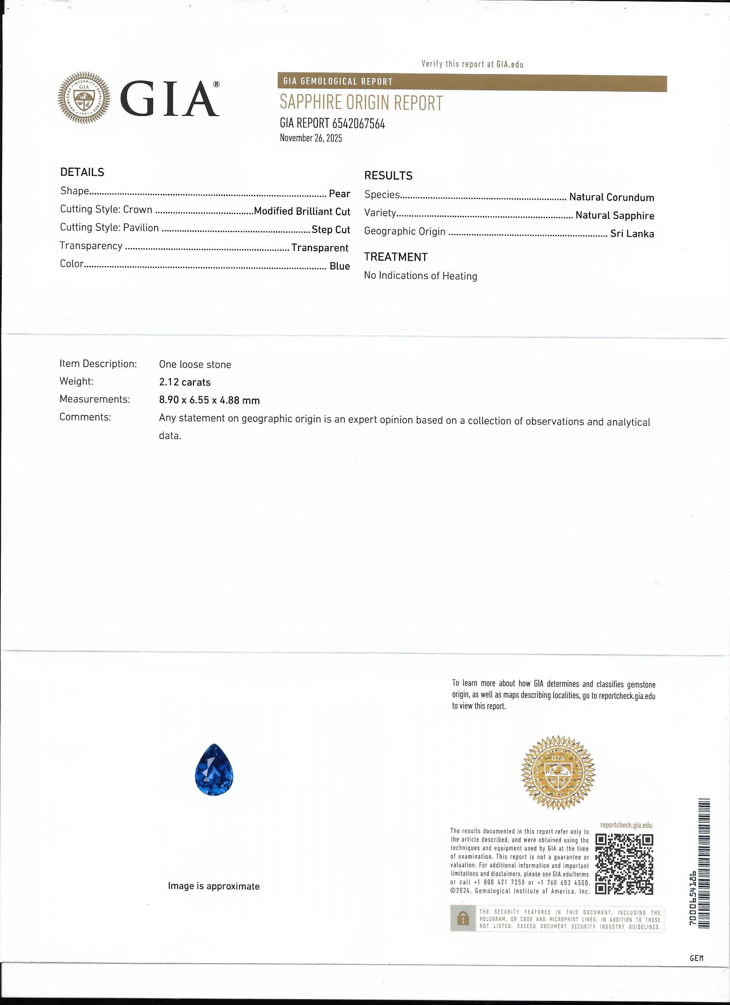 2.12 Ct. Blue Sapphire from Ceylon (Sri Lanka)