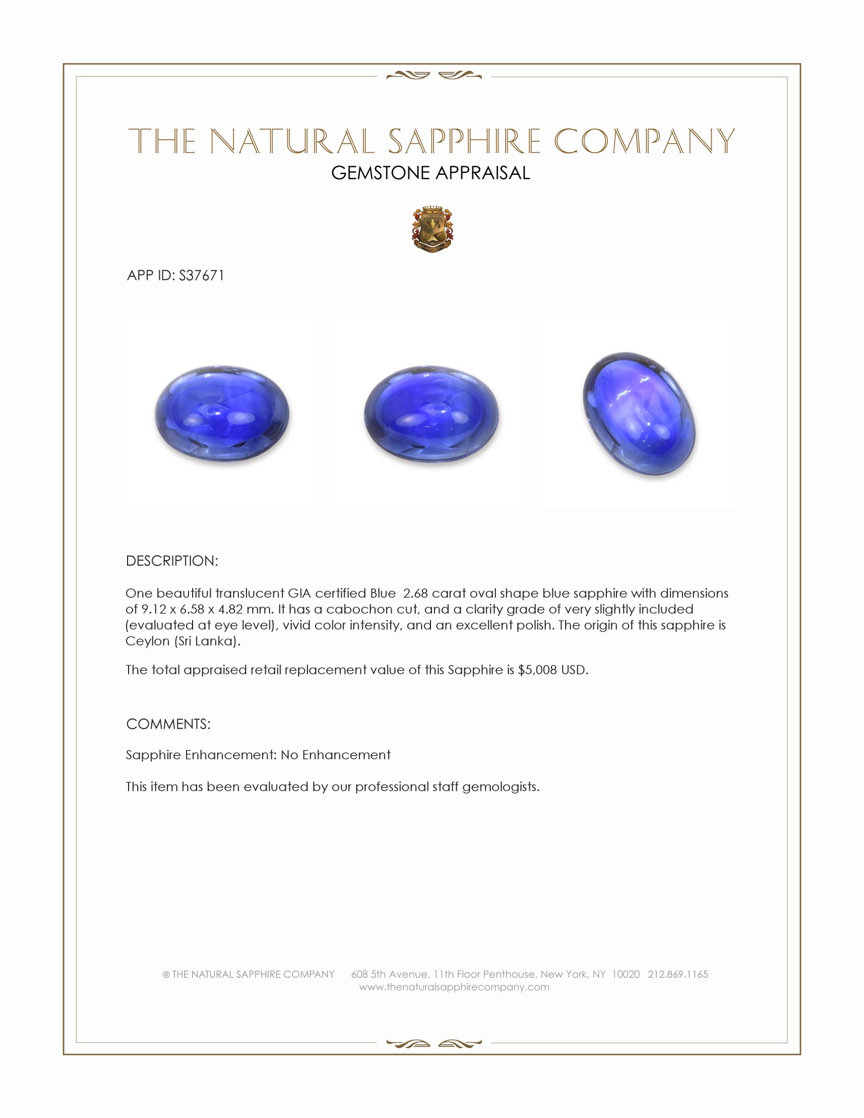2.68 Ct. Blue Cabochon Sapphire from Ceylon (Sri Lanka)
