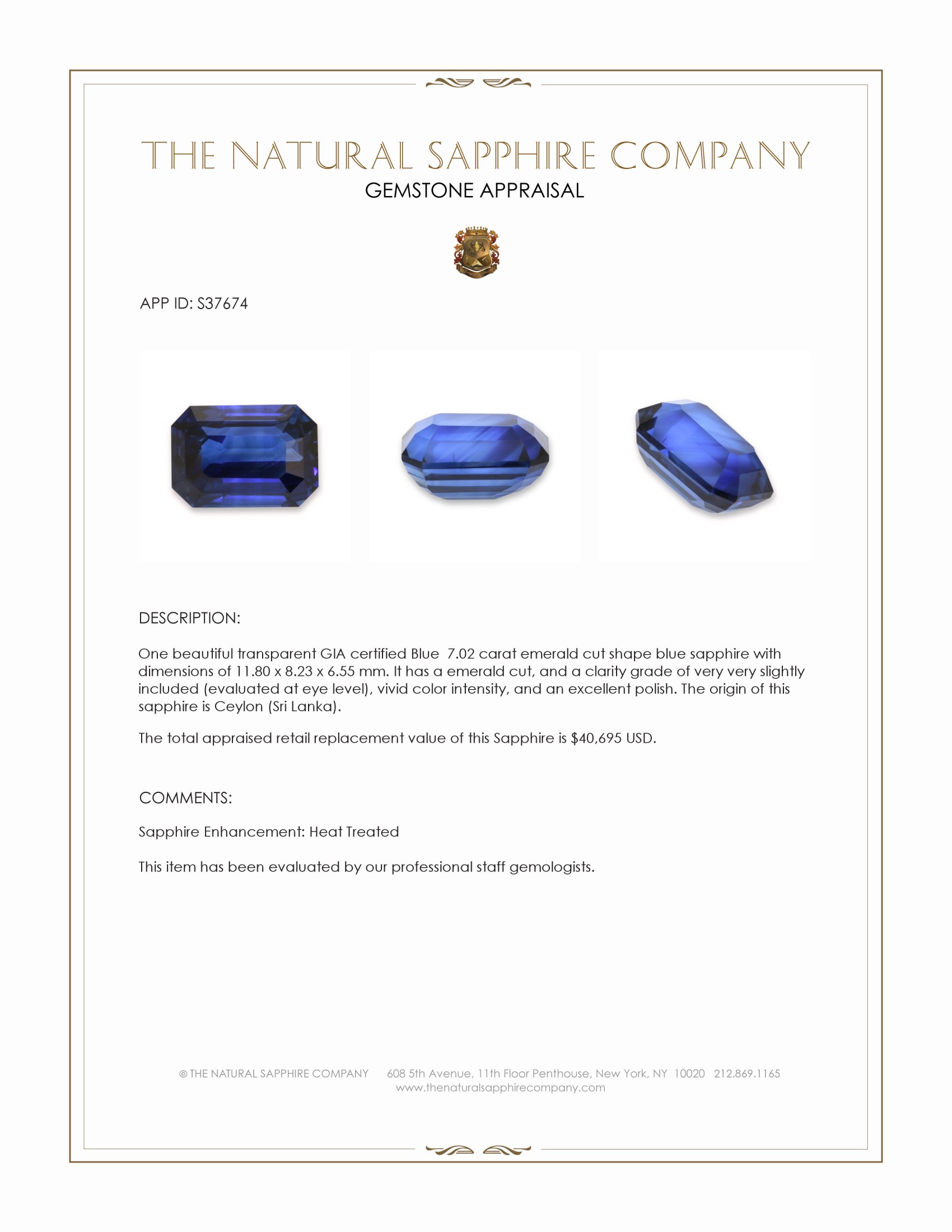 7.02 Ct. Blue Sapphire from Ceylon (Sri Lanka)