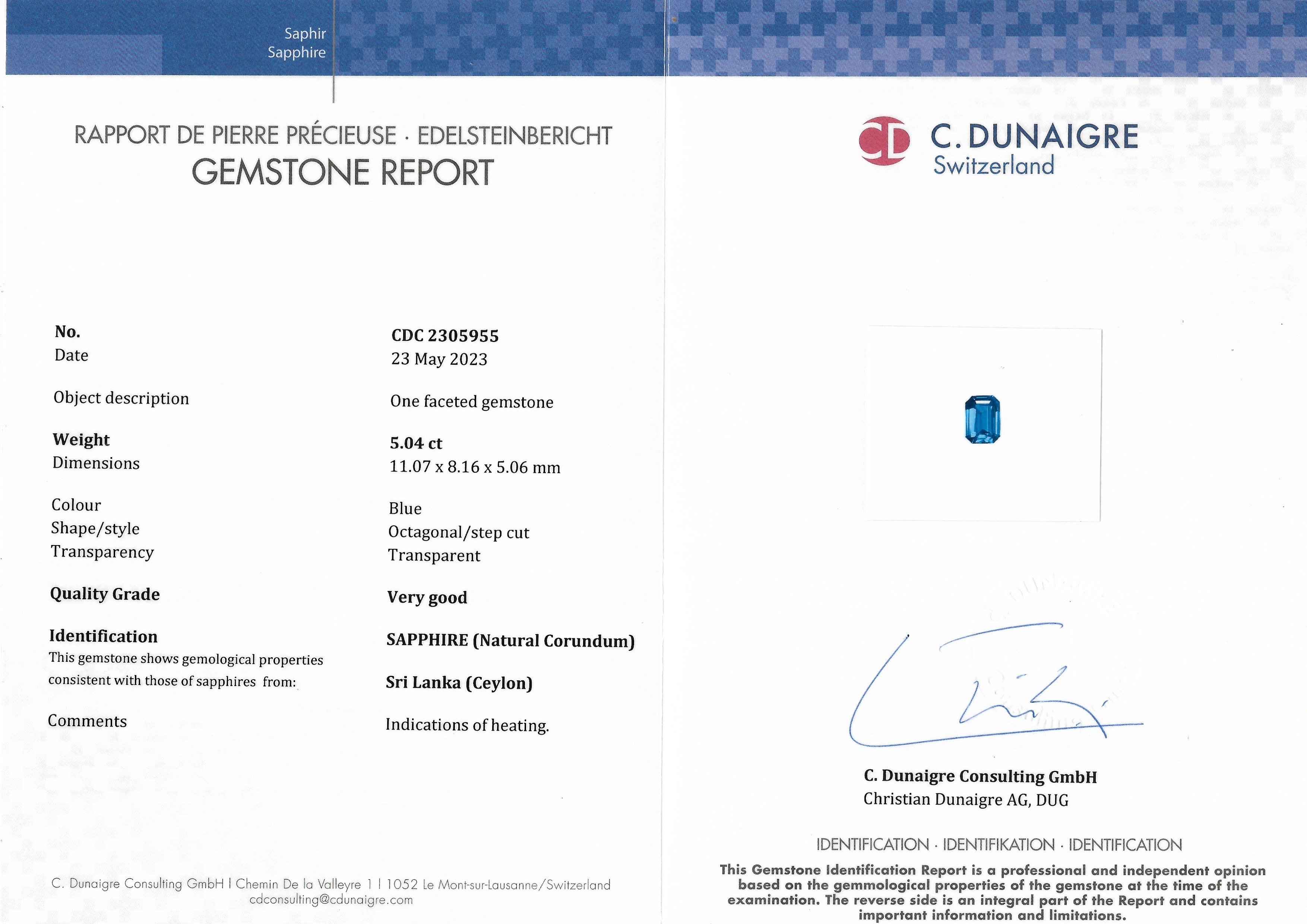 5.04 Ct. Blue Sapphire from Ceylon (Sri Lanka)