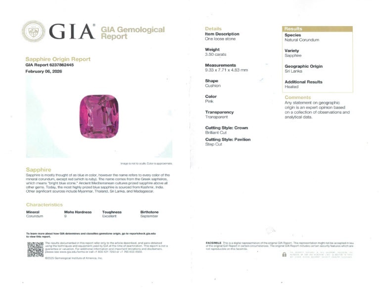 3.50 Ct. Pink Sapphire from Ceylon (Sri Lanka)