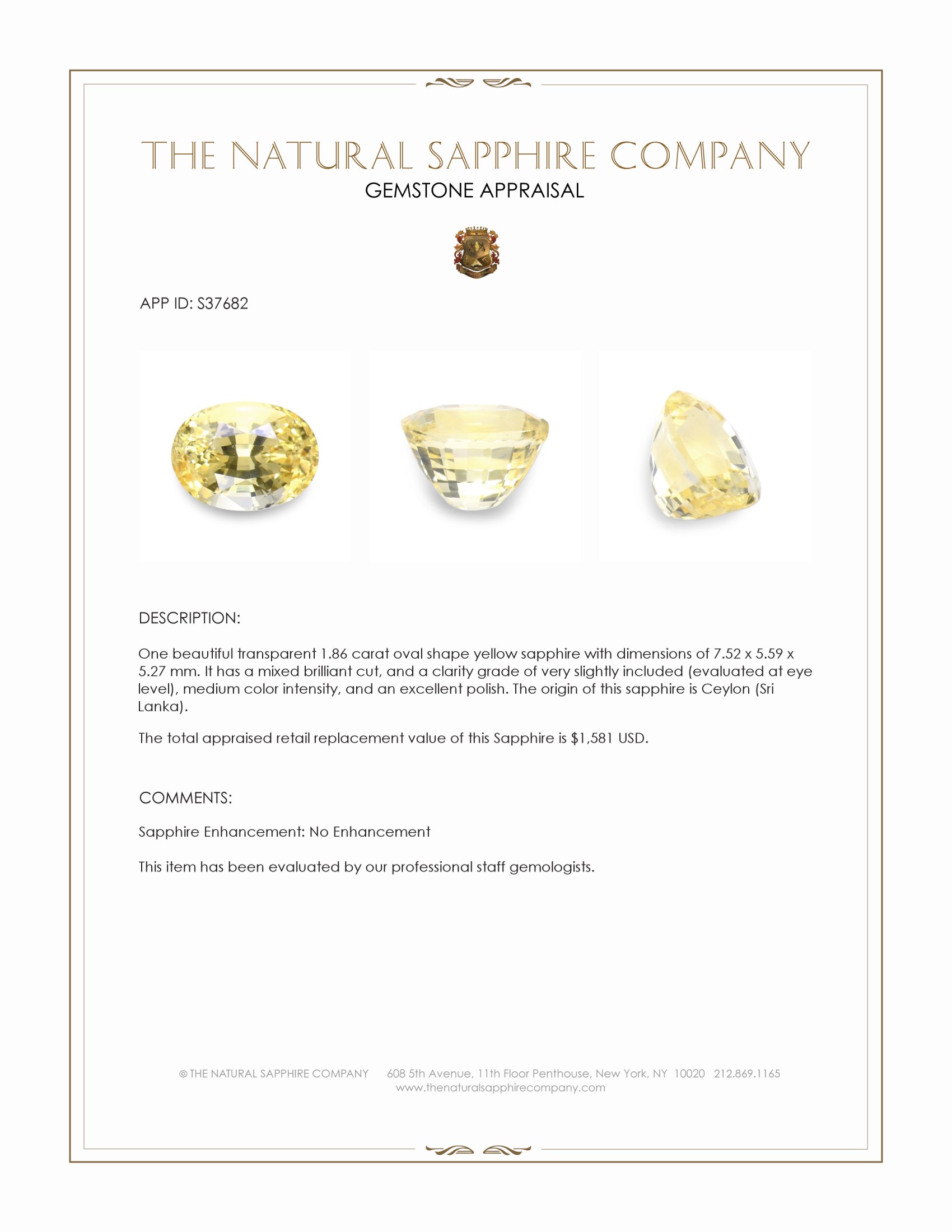 1.86 Ct. Yellow Sapphire from Ceylon (Sri Lanka)