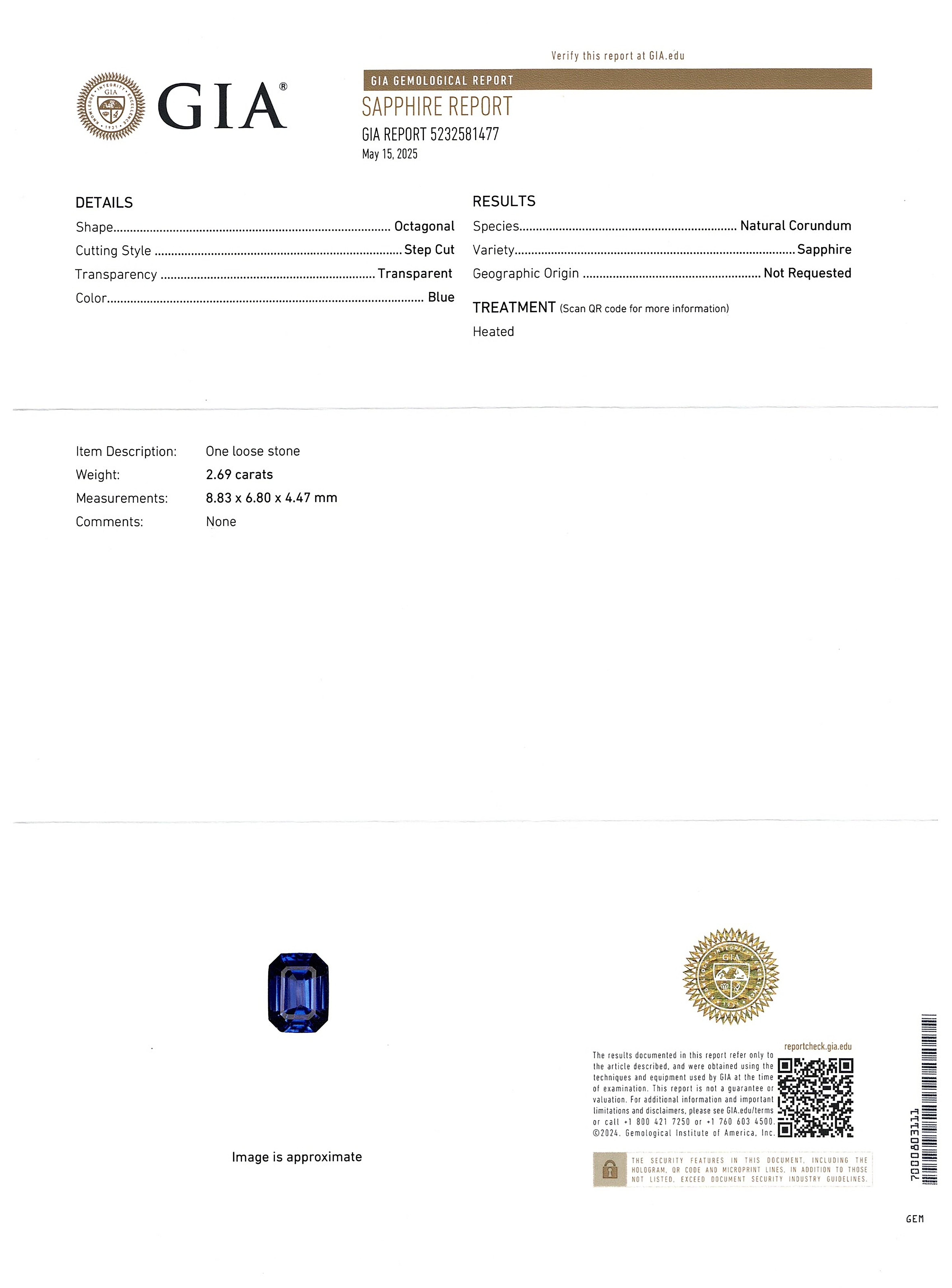 2.69 Ct. Blue Sapphire from Ceylon (Sri Lanka)