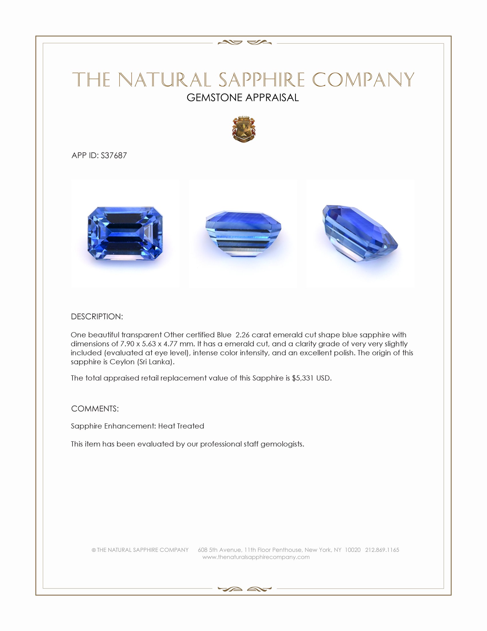 2.26 Ct. Blue Sapphire from Ceylon (Sri Lanka)