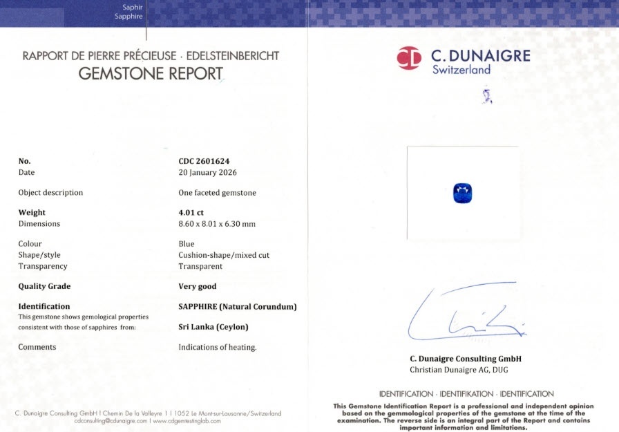 4.01 Ct. Blue Sapphire from Ceylon (Sri Lanka)