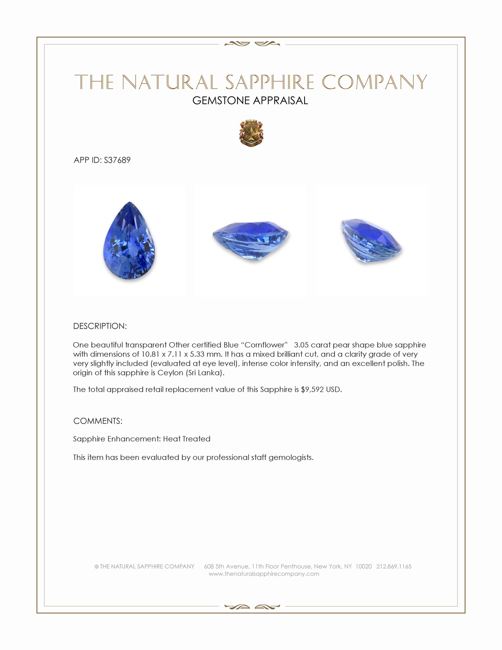3.05 Ct. Blue Sapphire from Ceylon (Sri Lanka)