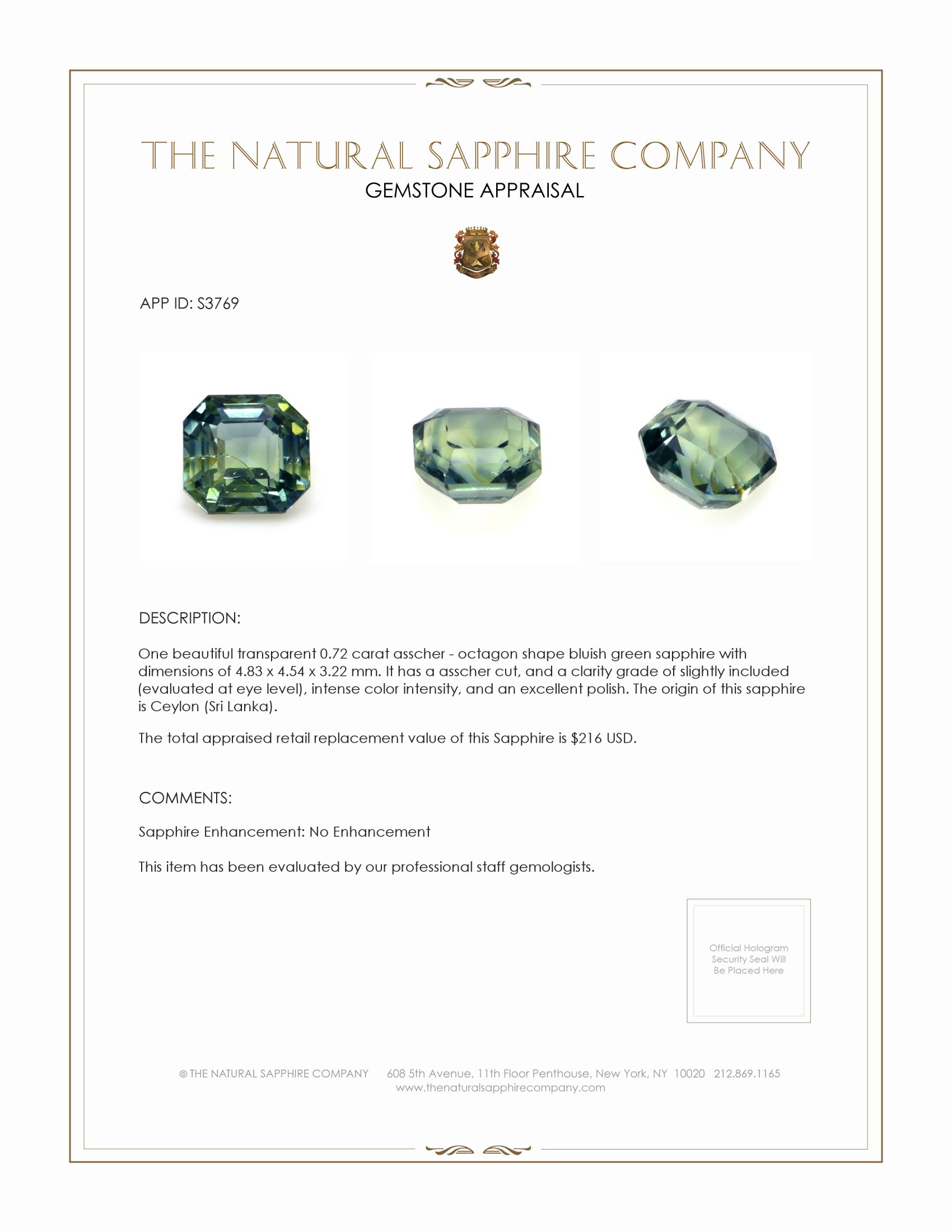 0.72 Ct. Bluish Green Sapphire from Ceylon (Sri Lanka)