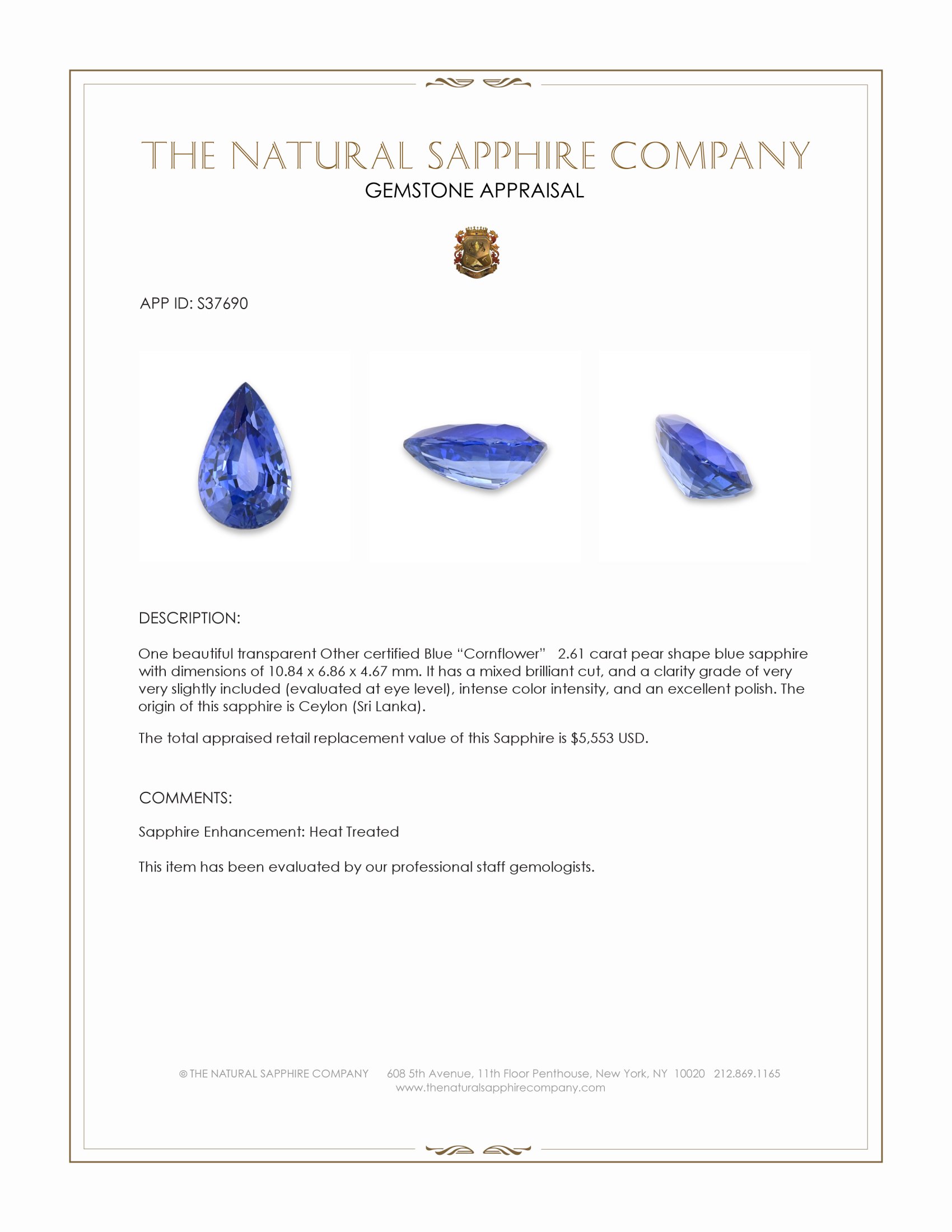 2.61 Ct. Blue Sapphire from Ceylon (Sri Lanka)