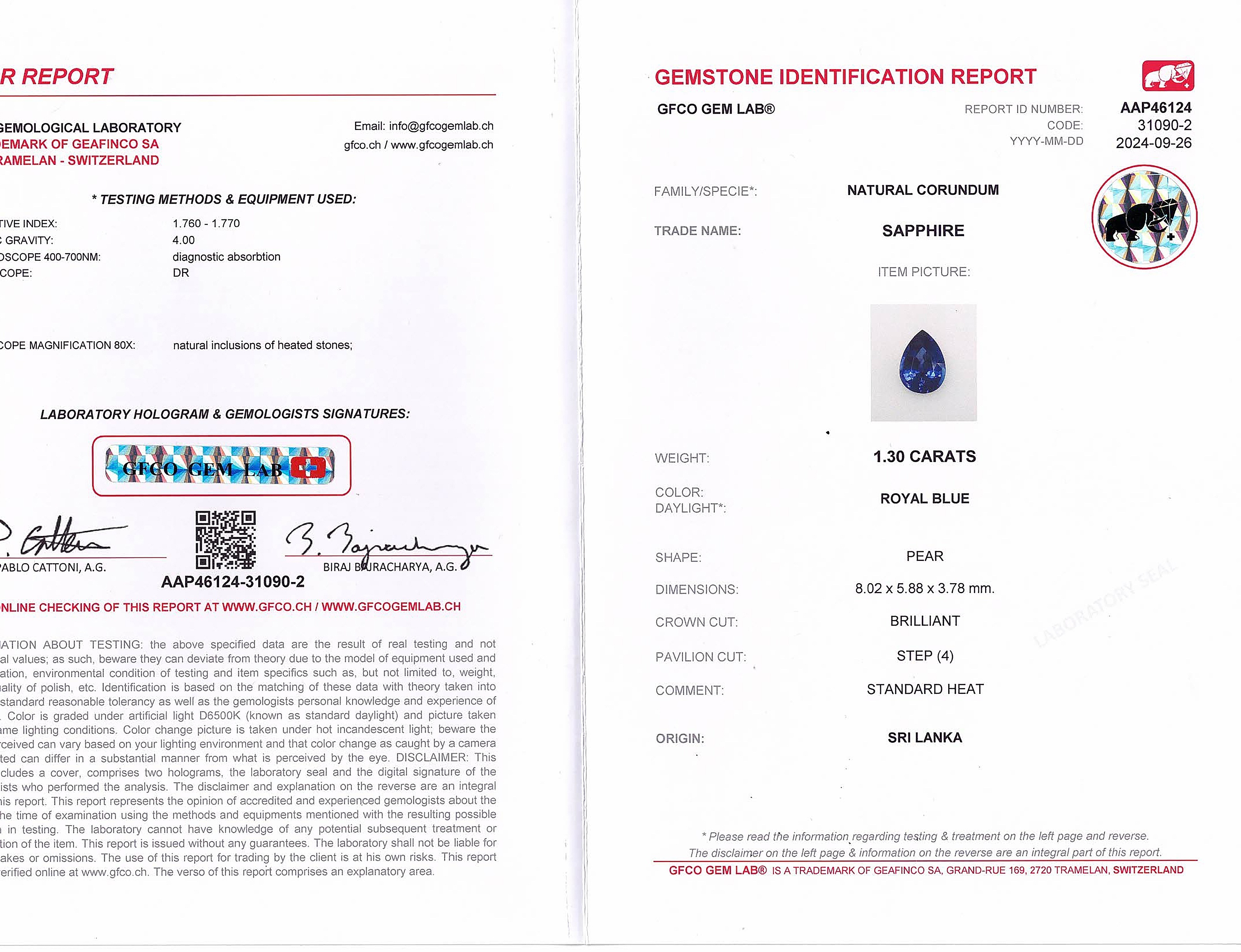 1.30 Ct. Blue Sapphire from Ceylon (Sri Lanka)