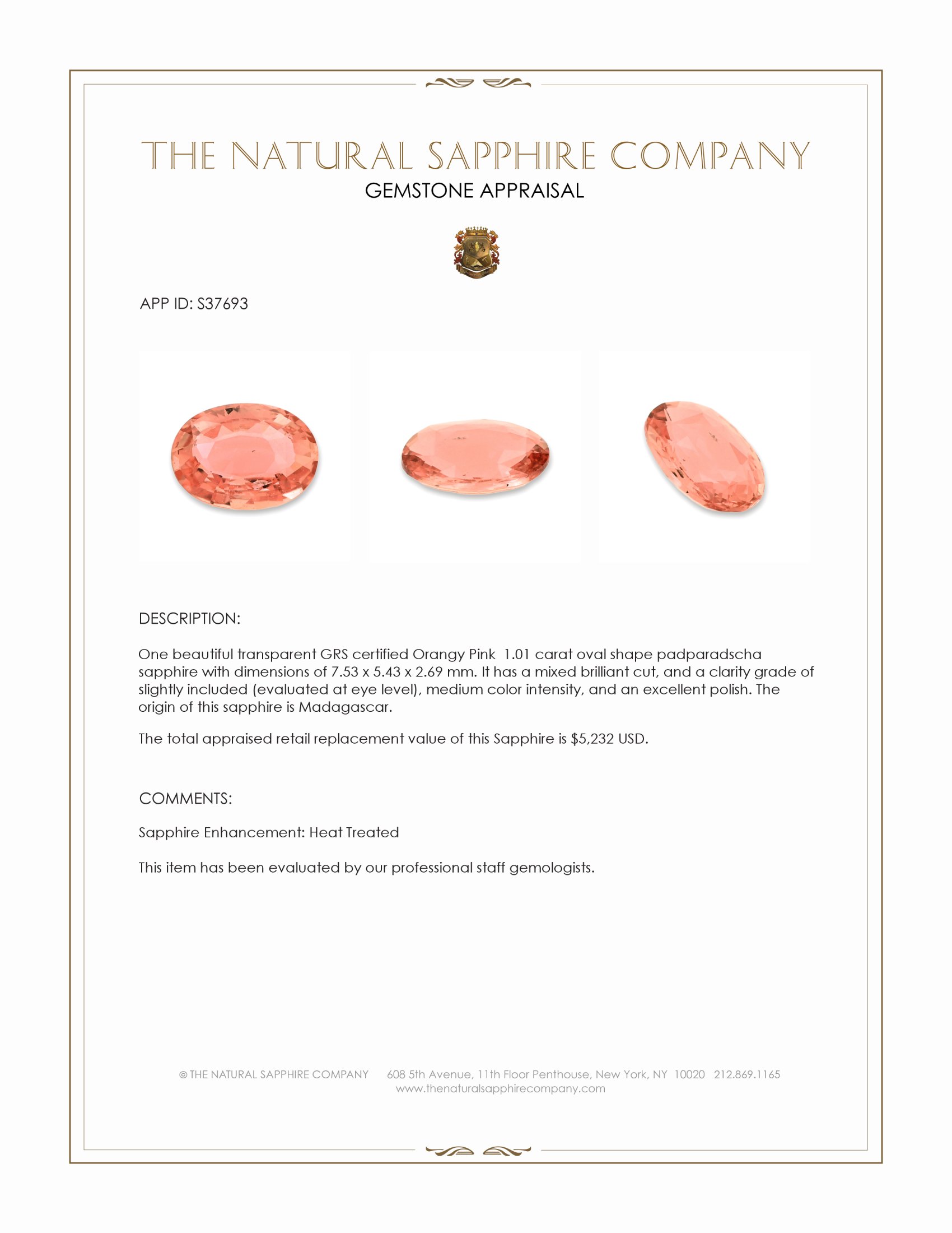 1.01 Ct. Padparadscha Sapphire from Madagascar