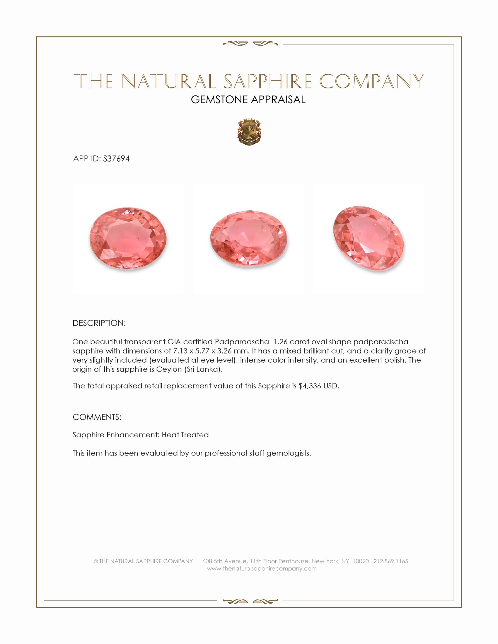 1.26 Ct. Padparadscha Sapphire from Ceylon (Sri Lanka)