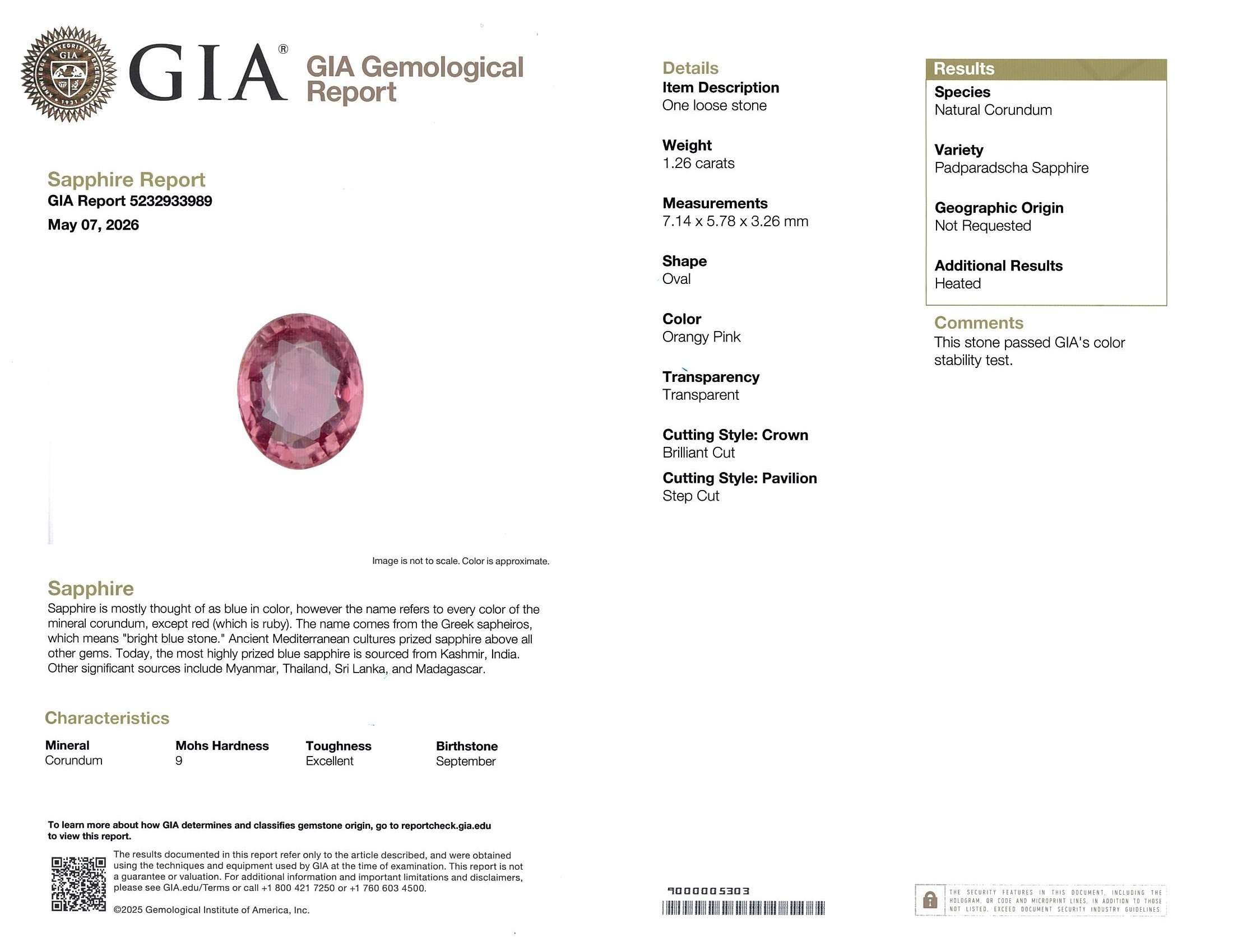 1.26 Ct. Padparadscha Sapphire from Ceylon (Sri Lanka)