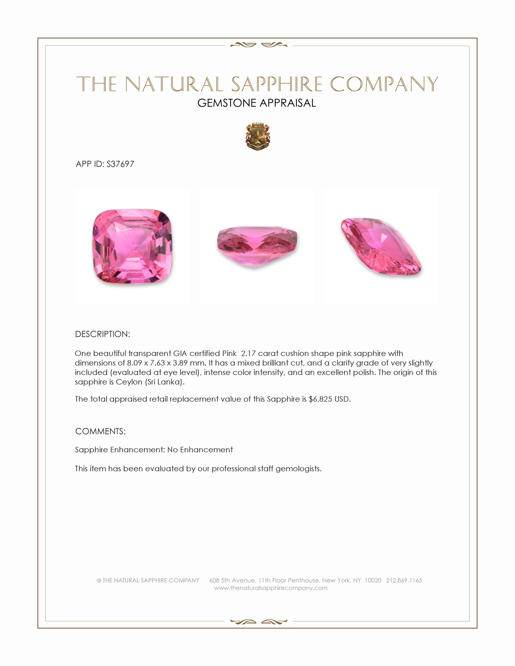 2.17 Ct. Pink Sapphire from Ceylon (Sri Lanka)
