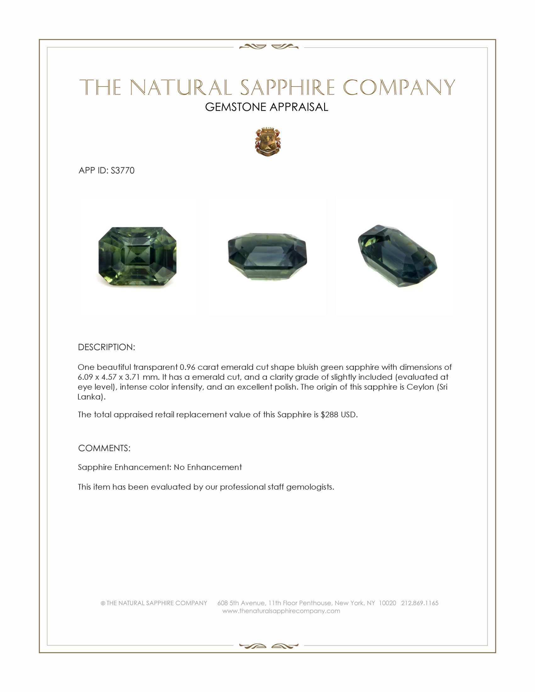 0.96 Ct. Bluish Green Sapphire from Ceylon (Sri Lanka)