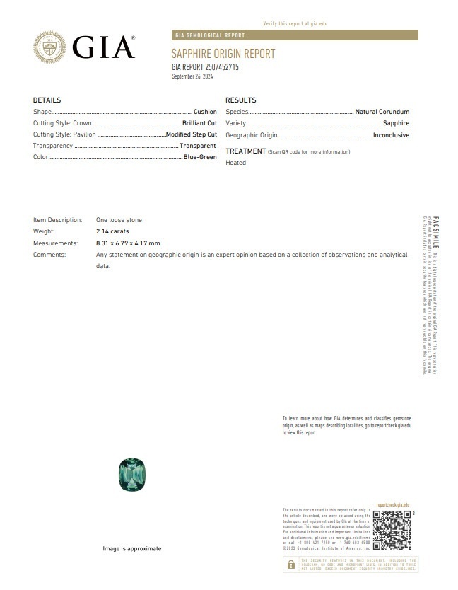 2.14 Ct. Bluish Green Sapphire from Ceylon (Sri Lanka)