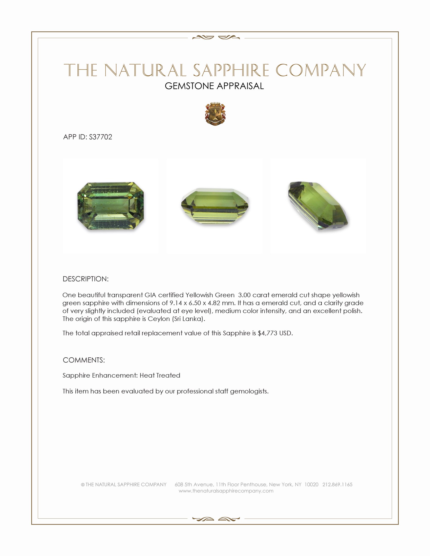3.00 Ct. Yellowish Green Sapphire from Ceylon (Sri Lanka)