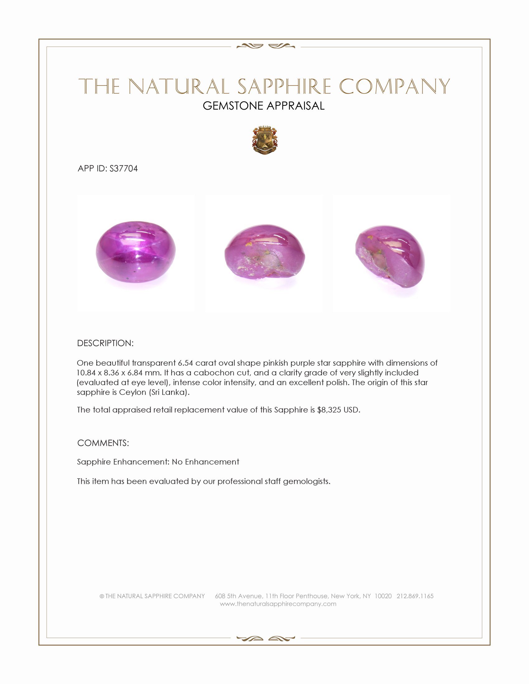 6.54 Ct. Pinkish Purple Star Sapphire from Ceylon (Sri Lanka)