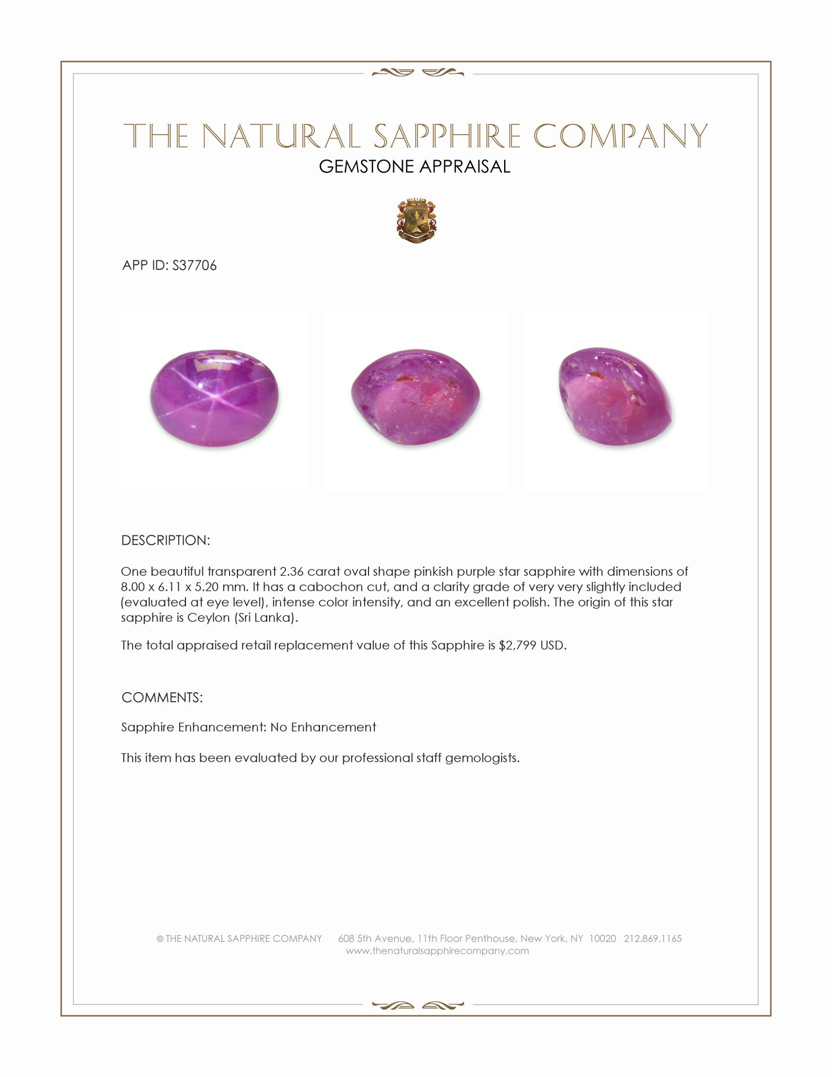2.36 Ct. Pinkish Purple Star Sapphire from Ceylon (Sri Lanka)