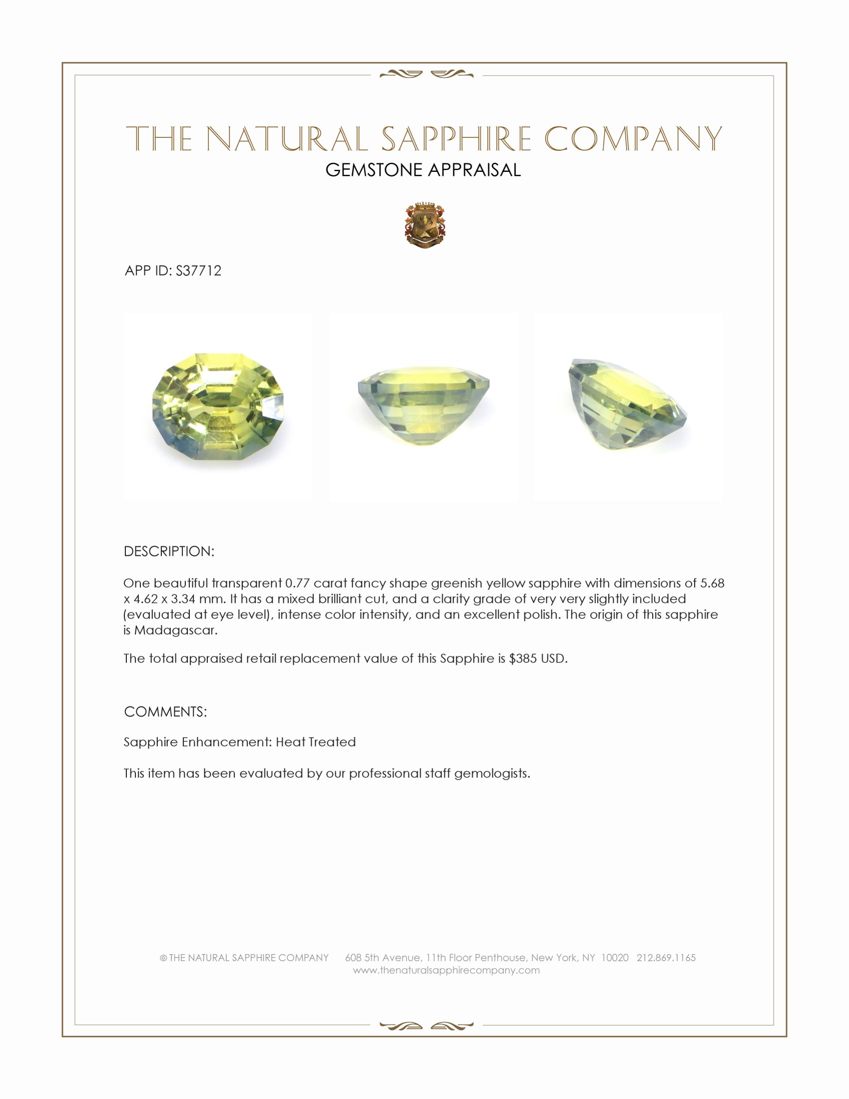 0.77 Ct. Greenish Yellow Sapphire from Madagascar