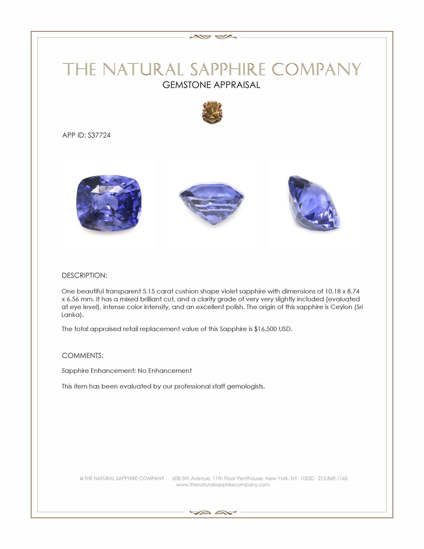 5.15 Ct. Violet Sapphire from Ceylon (Sri Lanka)