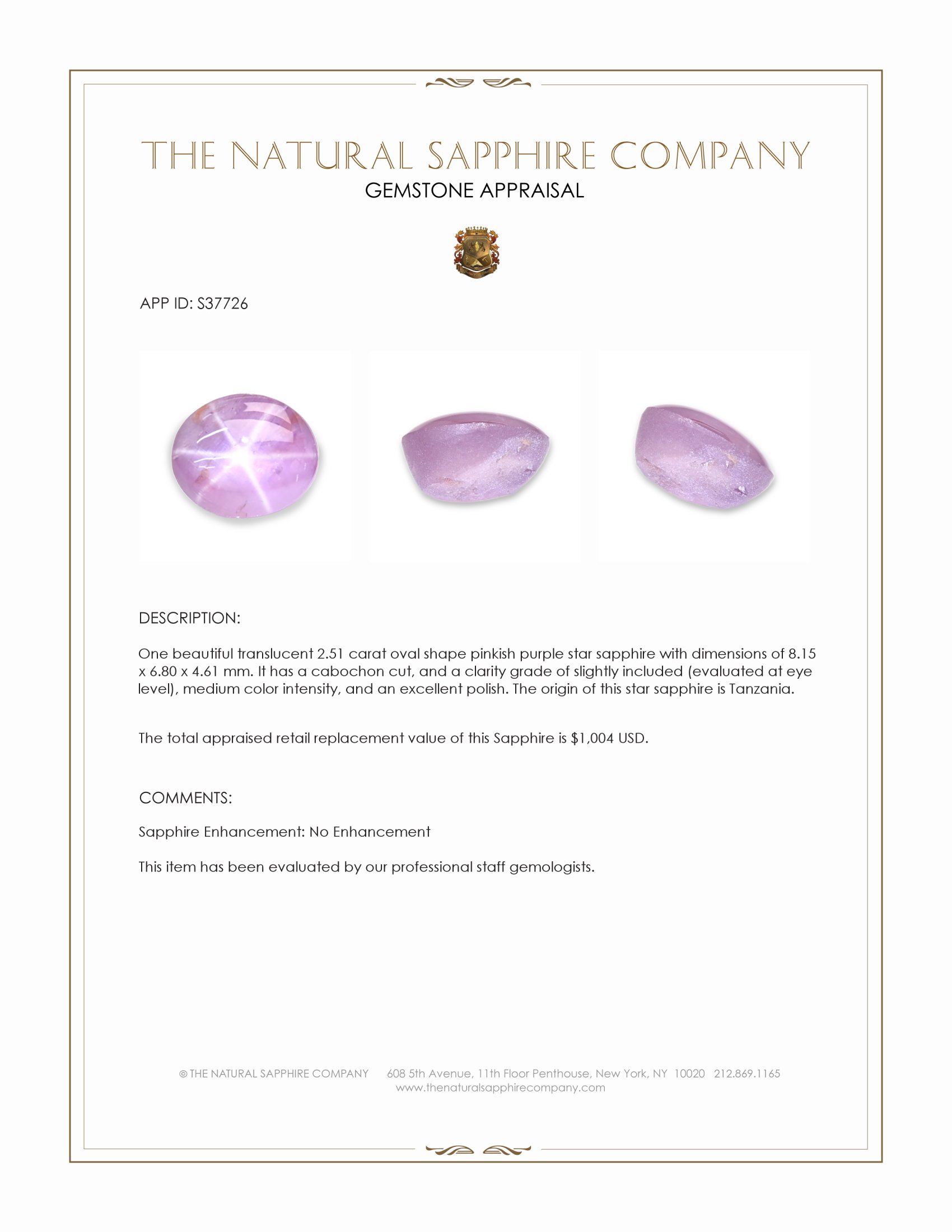 2.51 Ct. Pinkish Purple Star Sapphire from Tanzania