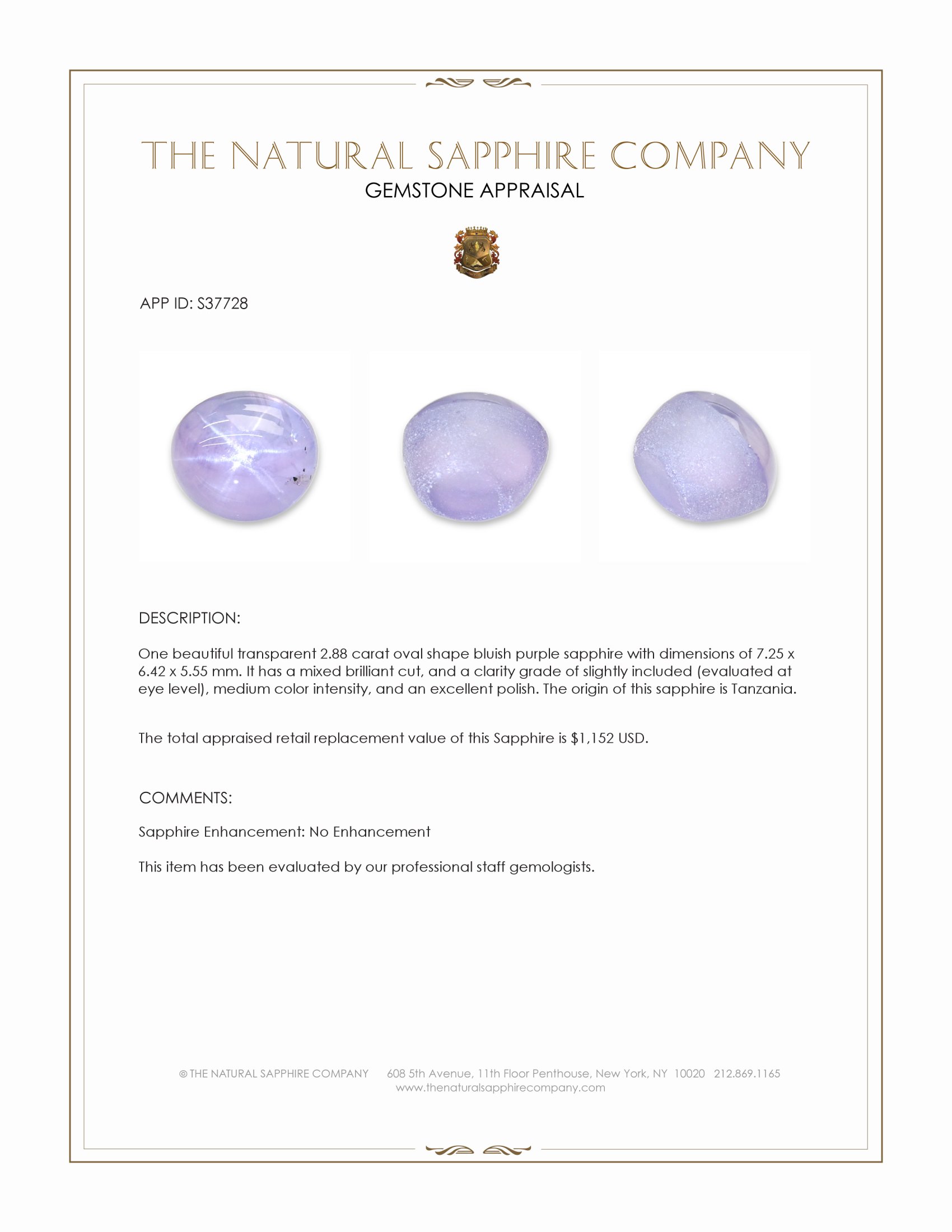 2.88 Ct. Bluish Purple Sapphire from Tanzania