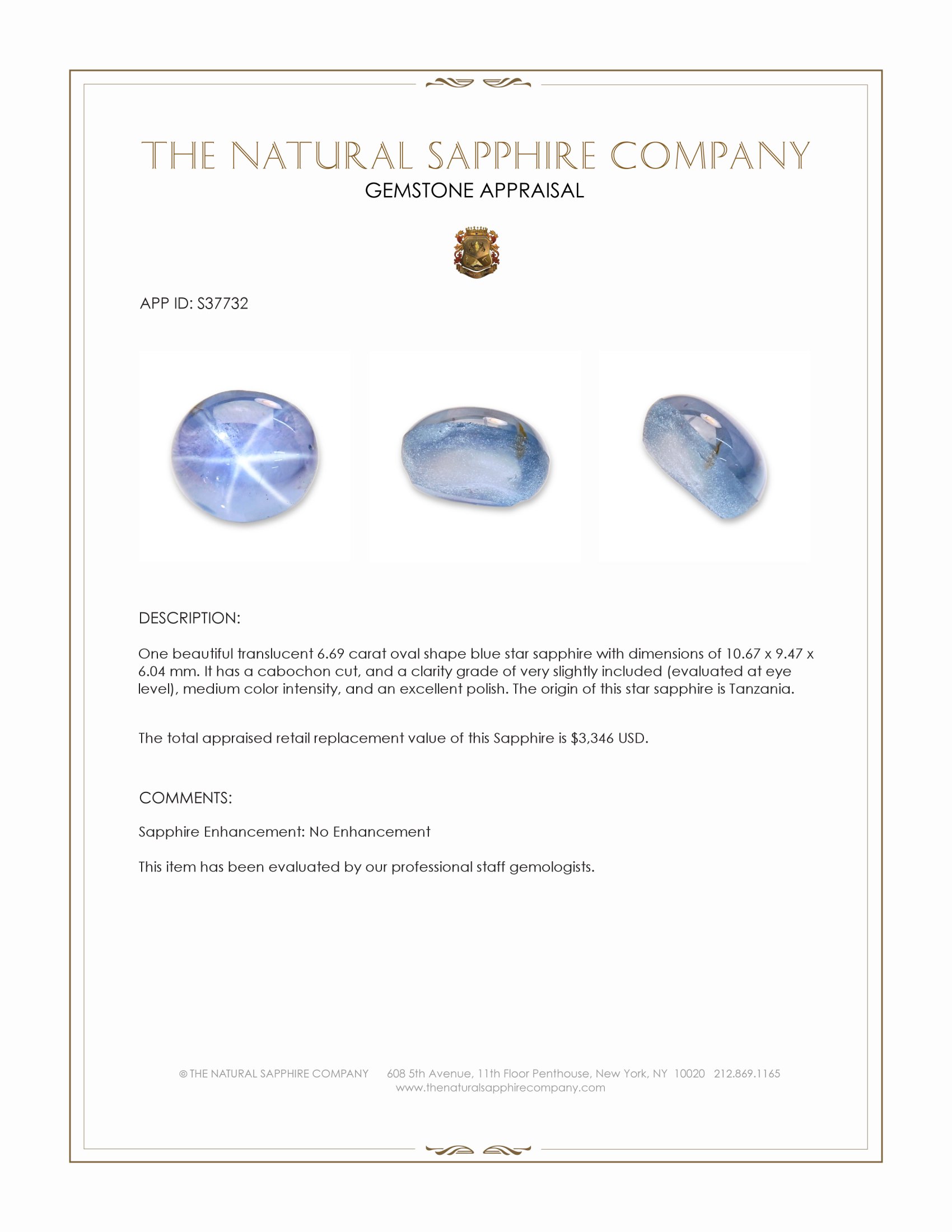 6.69 Ct. Blue Star Sapphire from Tanzania