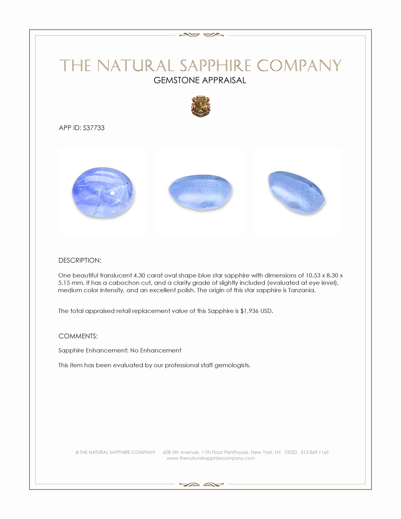 4.30 Ct. Blue Star Sapphire from Tanzania