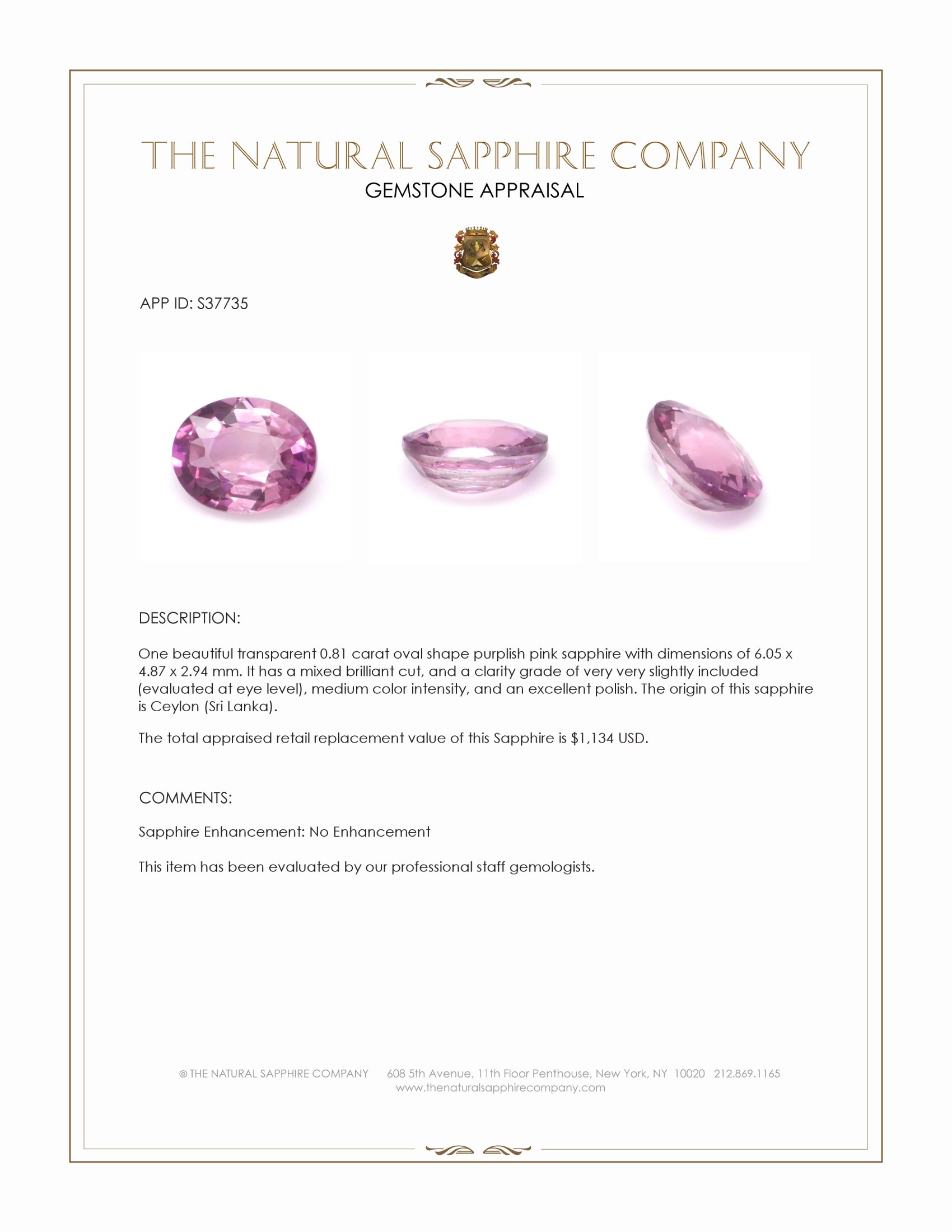 0.81 Ct. Purplish Pink Sapphire from Ceylon (Sri Lanka)
