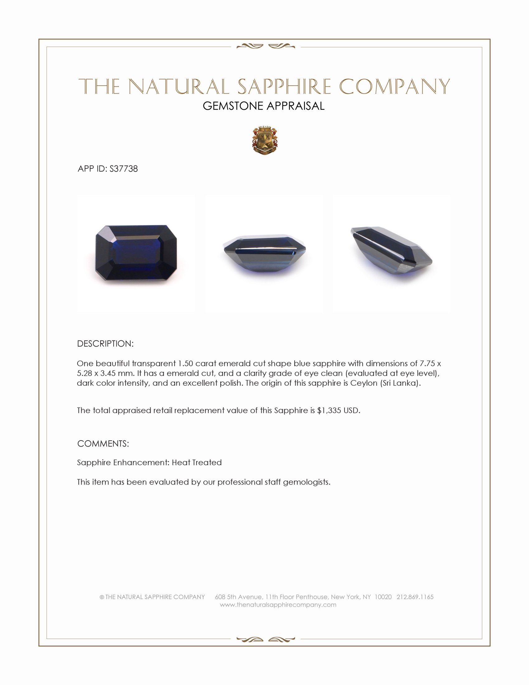 1.50 Ct. Blue Sapphire from Ceylon (Sri Lanka)