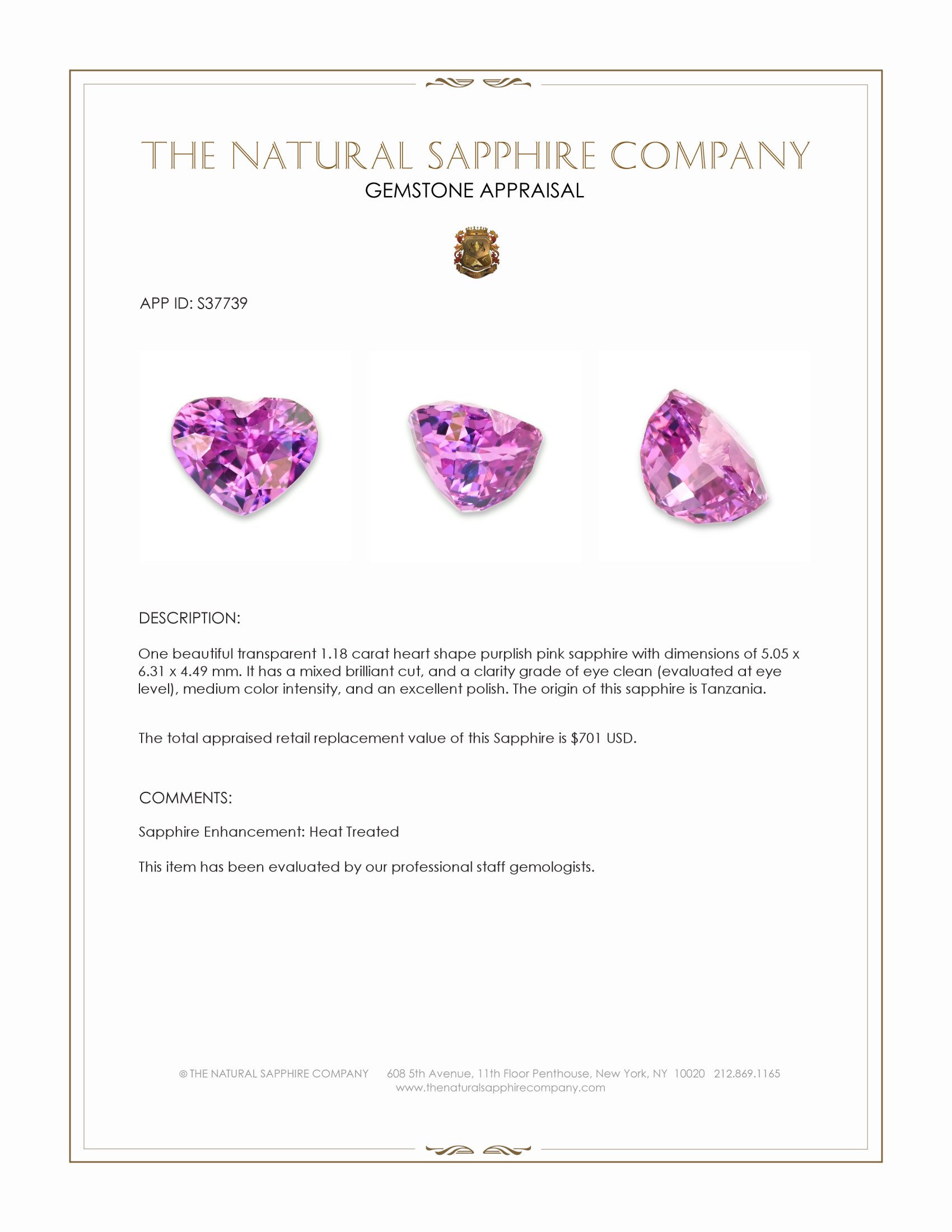 1.18 Ct. Purplish Pink Sapphire from Tanzania