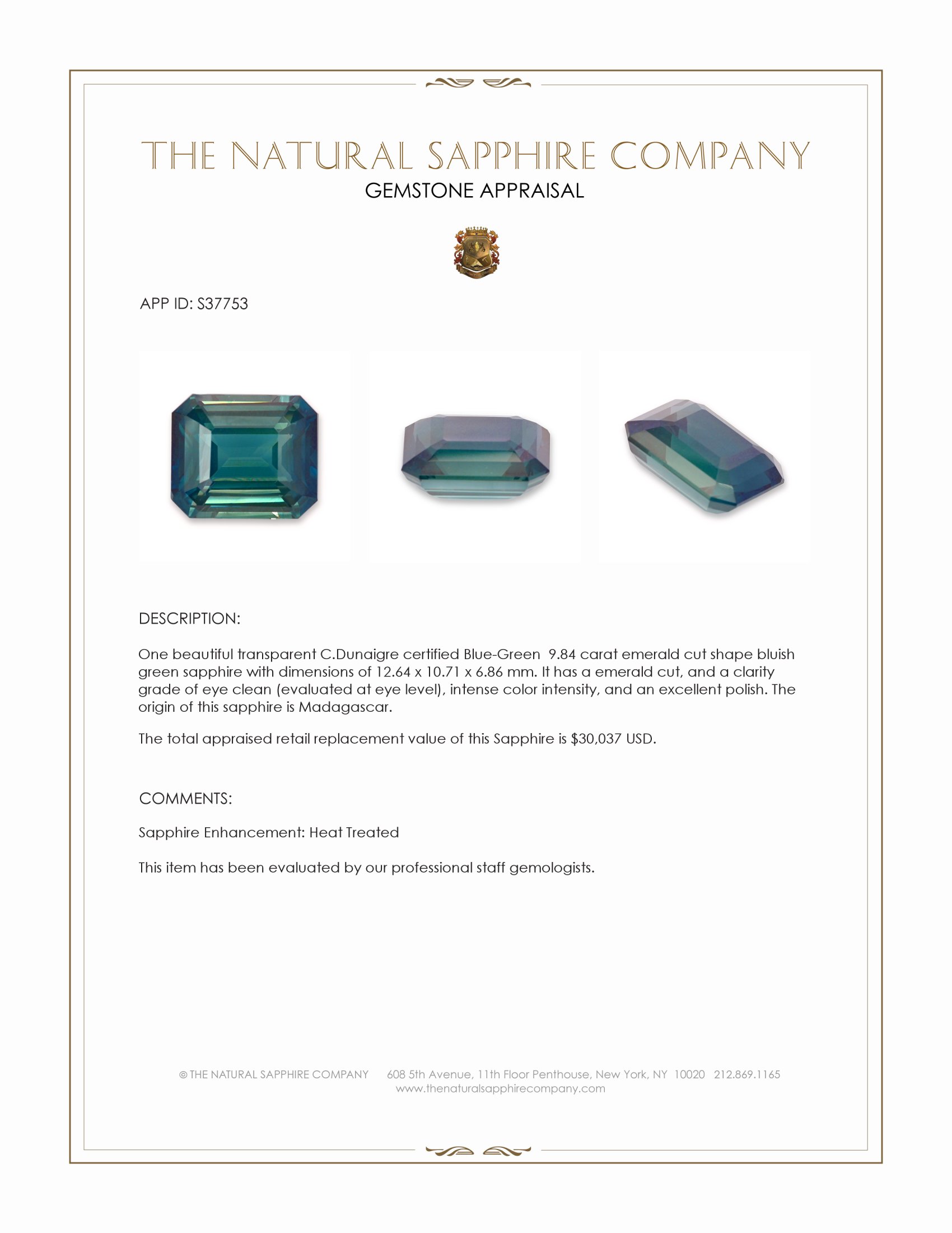 9.84 Ct. Bluish Green Sapphire from Madagascar