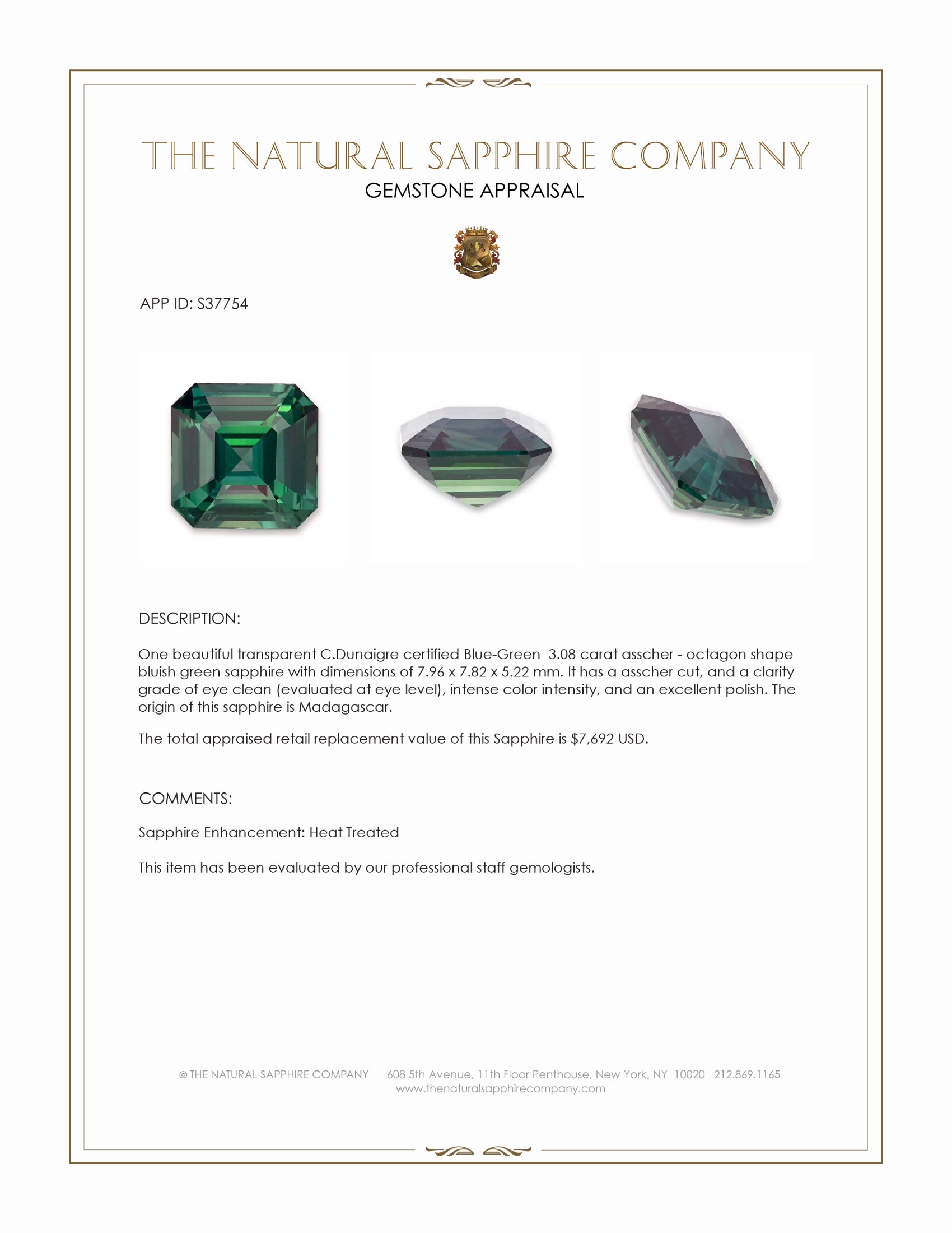 3.08 Ct. Bluish Green Sapphire from Madagascar
