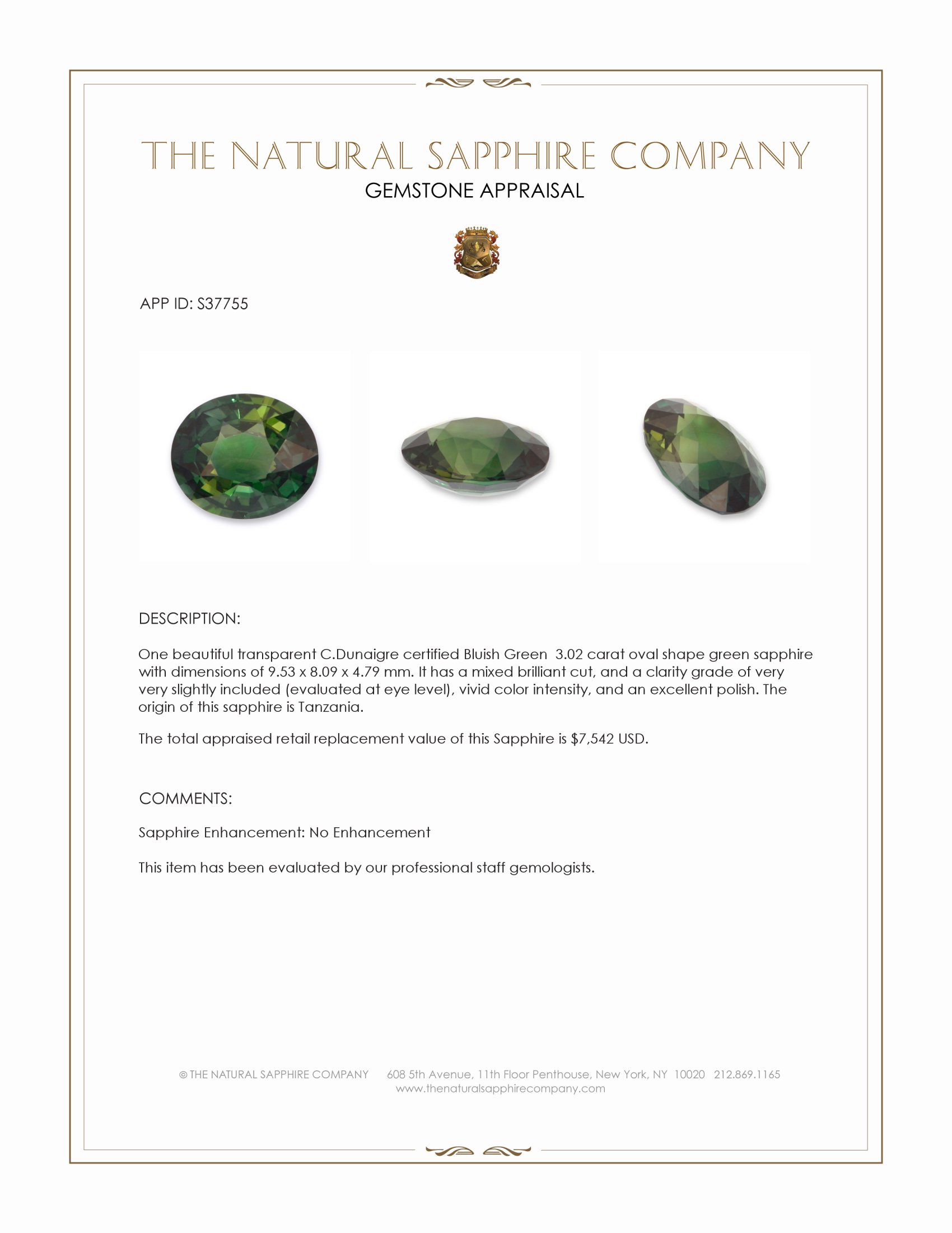 3.02 Ct. Green Sapphire from Tanzania