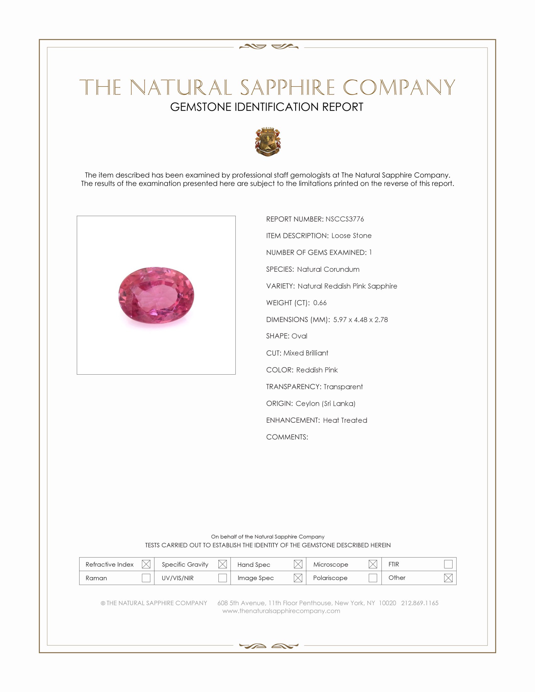 0.66 Ct. Reddish Pink Sapphire from Ceylon (Sri Lanka)