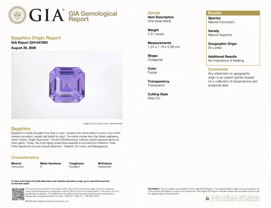 2.51 Ct. Pinkish Purple Sapphire from Ceylon (Sri Lanka)