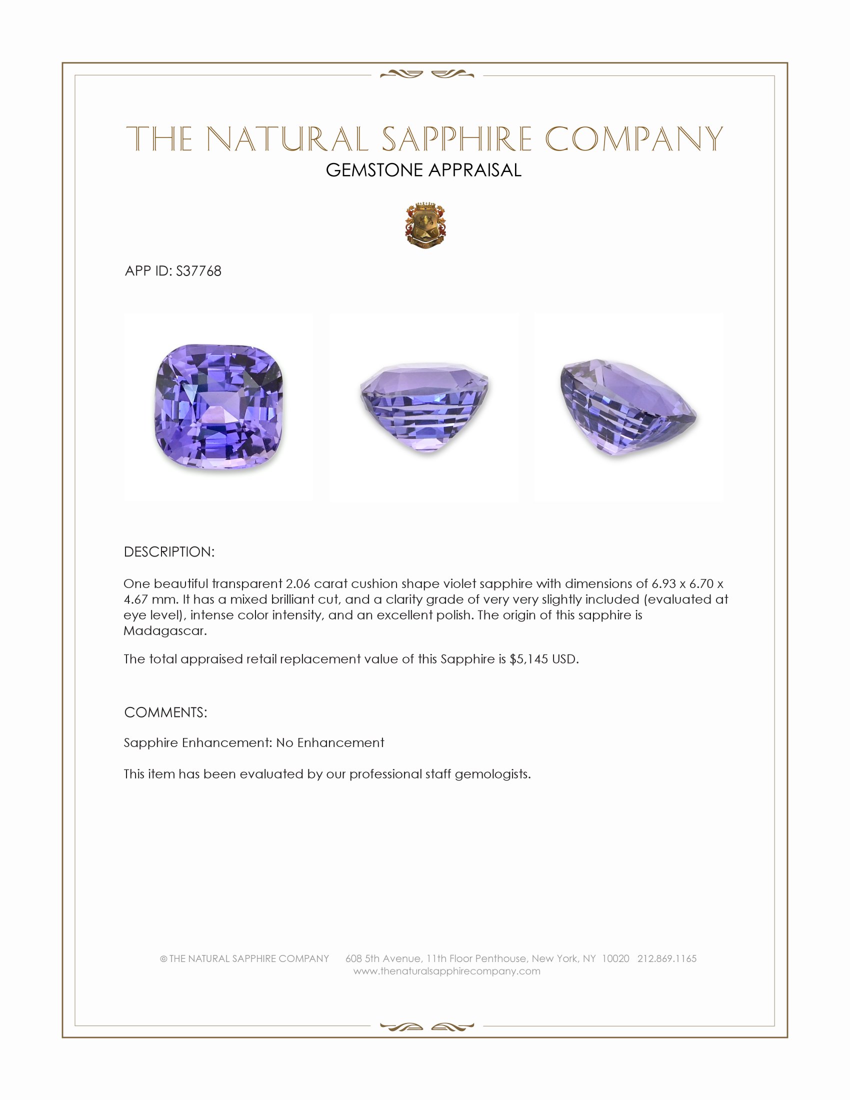 2.06 Ct. Violet Sapphire from Madagascar