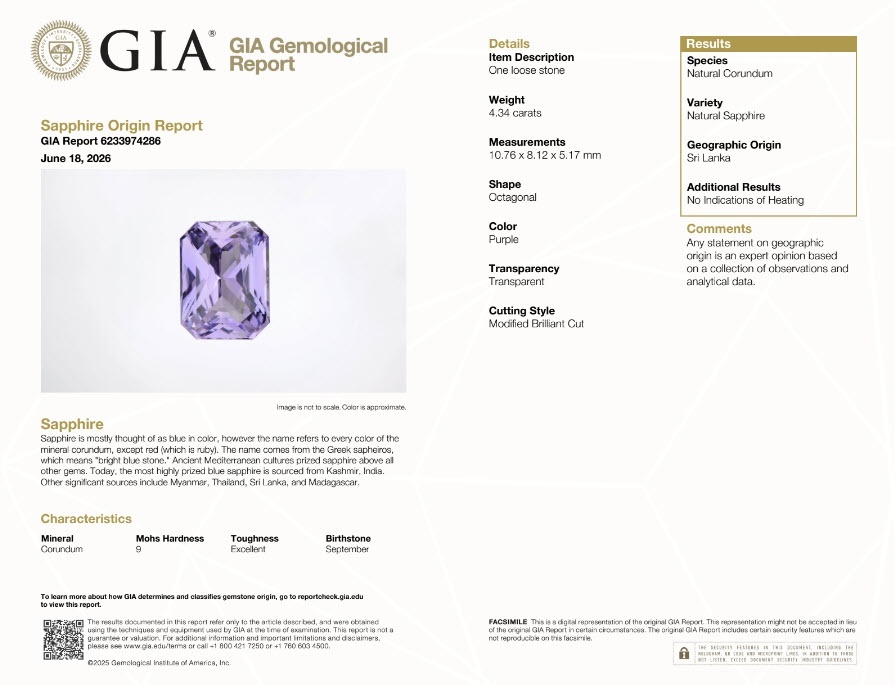 4.34 Ct. Purple Sapphire from Ceylon (Sri Lanka)