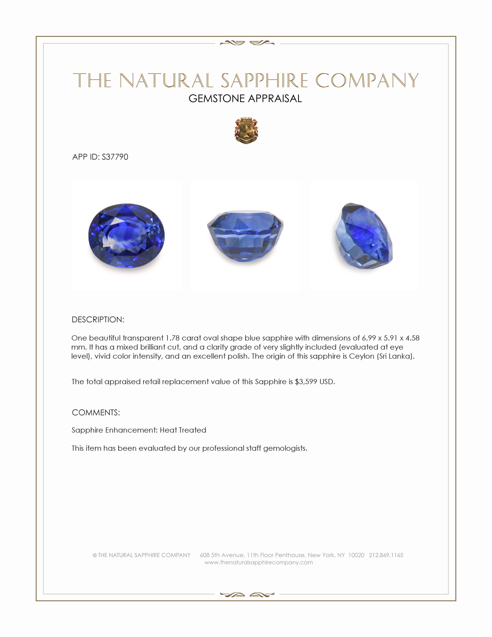 1.78 Ct. Blue Sapphire from Ceylon (Sri Lanka)