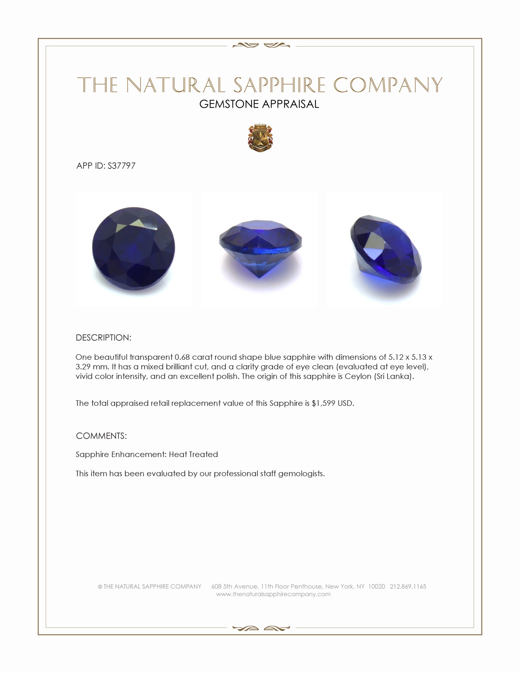 0.68 Ct. Blue Sapphire from Ceylon (Sri Lanka)