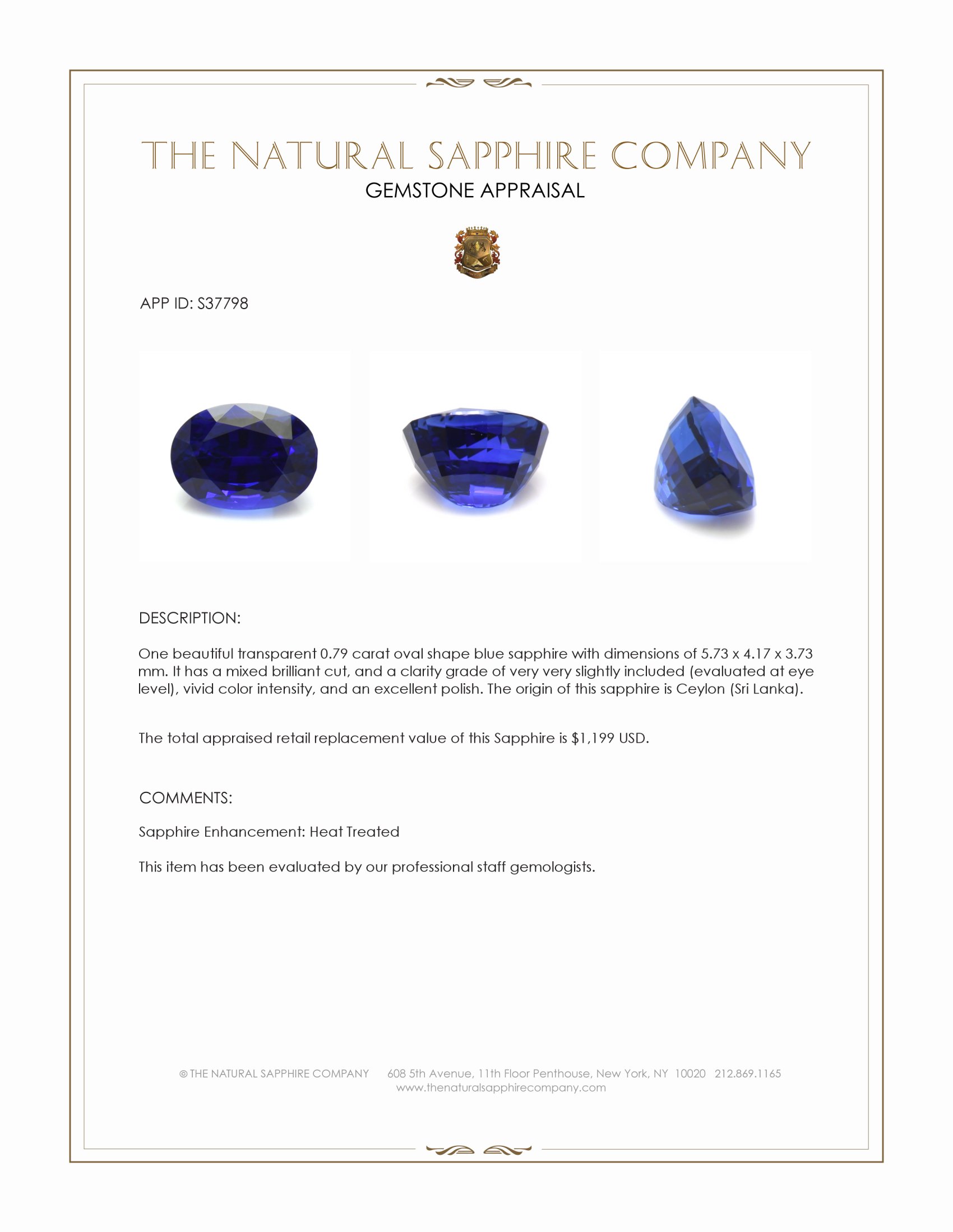 0.79 Ct. Blue Sapphire from Ceylon (Sri Lanka)