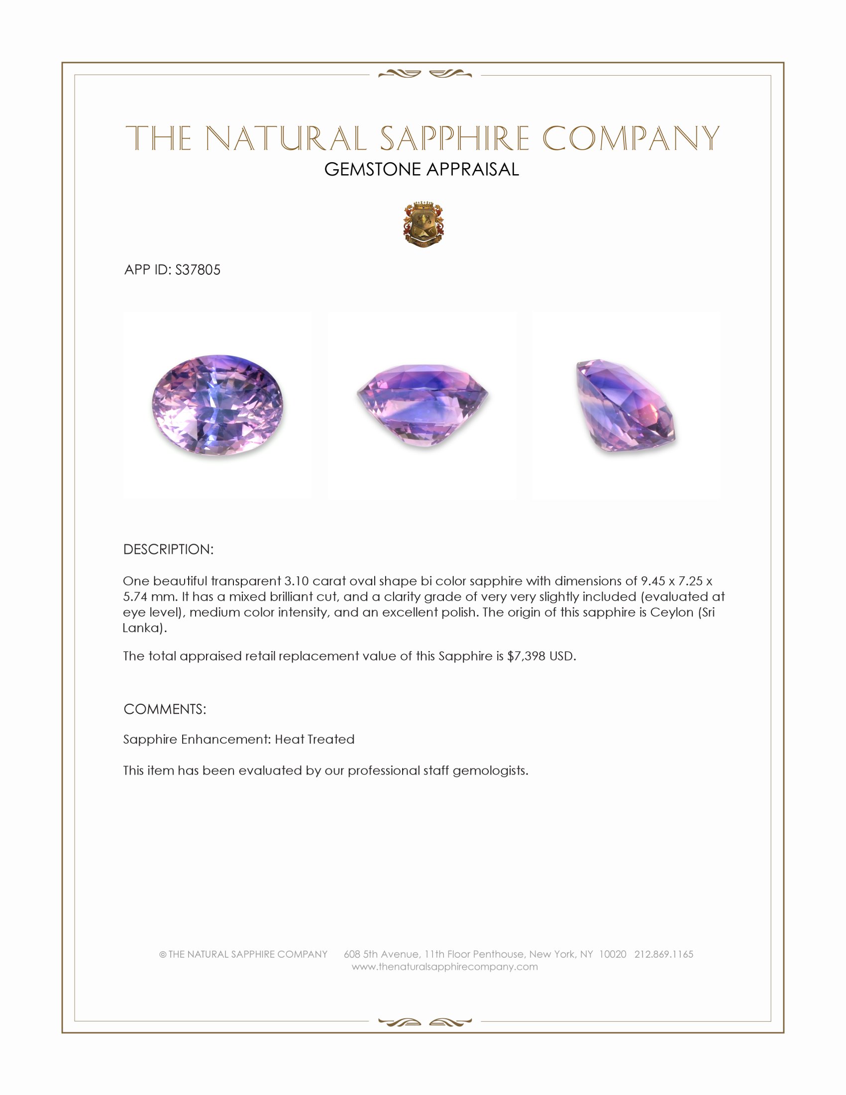 3.10 Ct. Bi Color Sapphire from Ceylon (Sri Lanka)